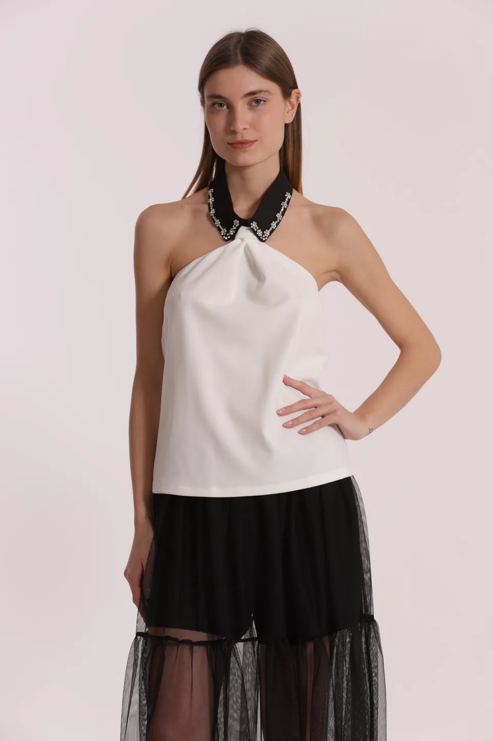 Mimi Mua Top con Colletto di Strass elasticizzato