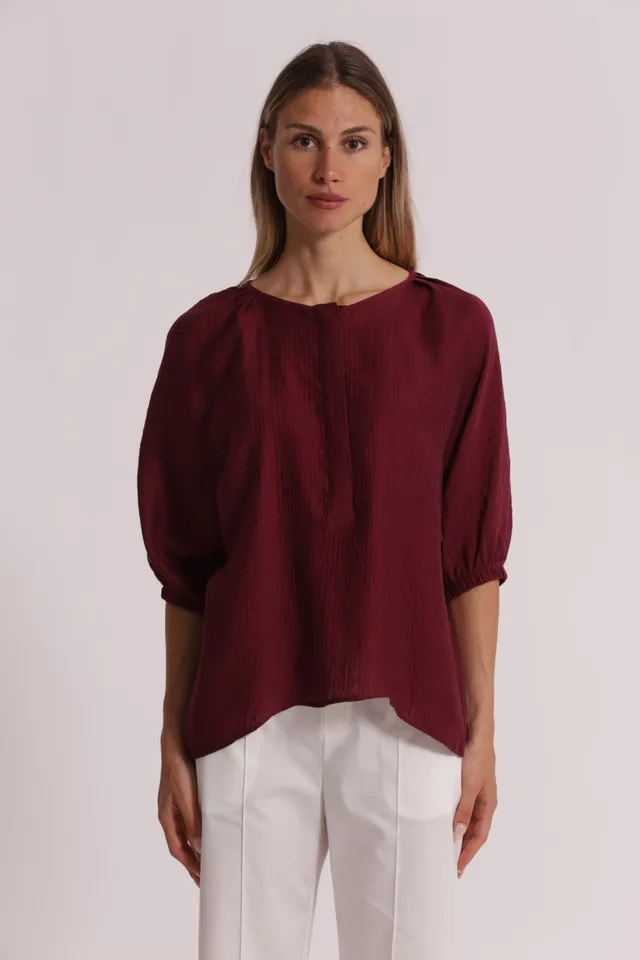 Mimi Mua Blusa Over in Creponne Scollo Tondo e Maniche 3/4 Latte