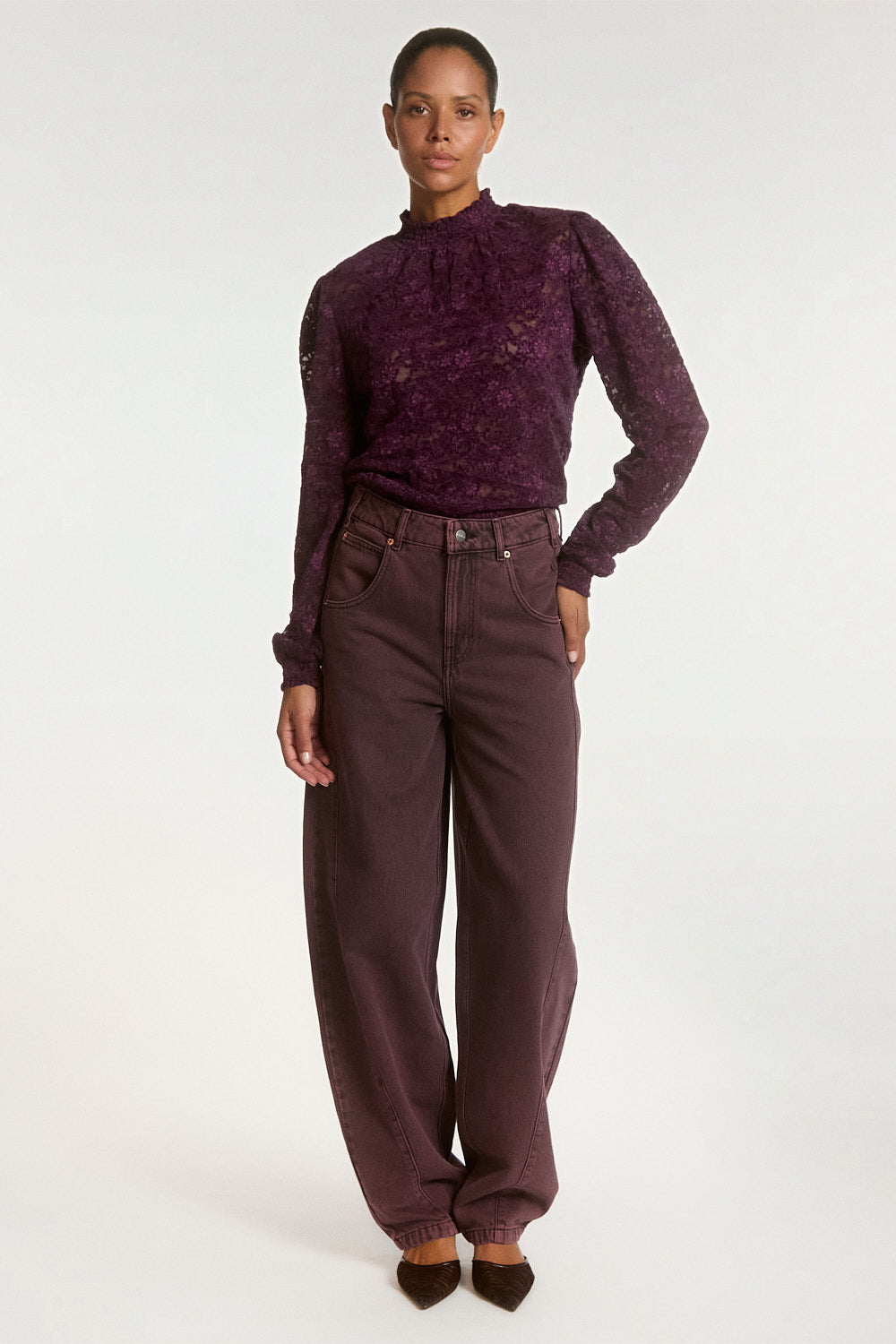 Aaiko Tory top pizzo prugna collo alto