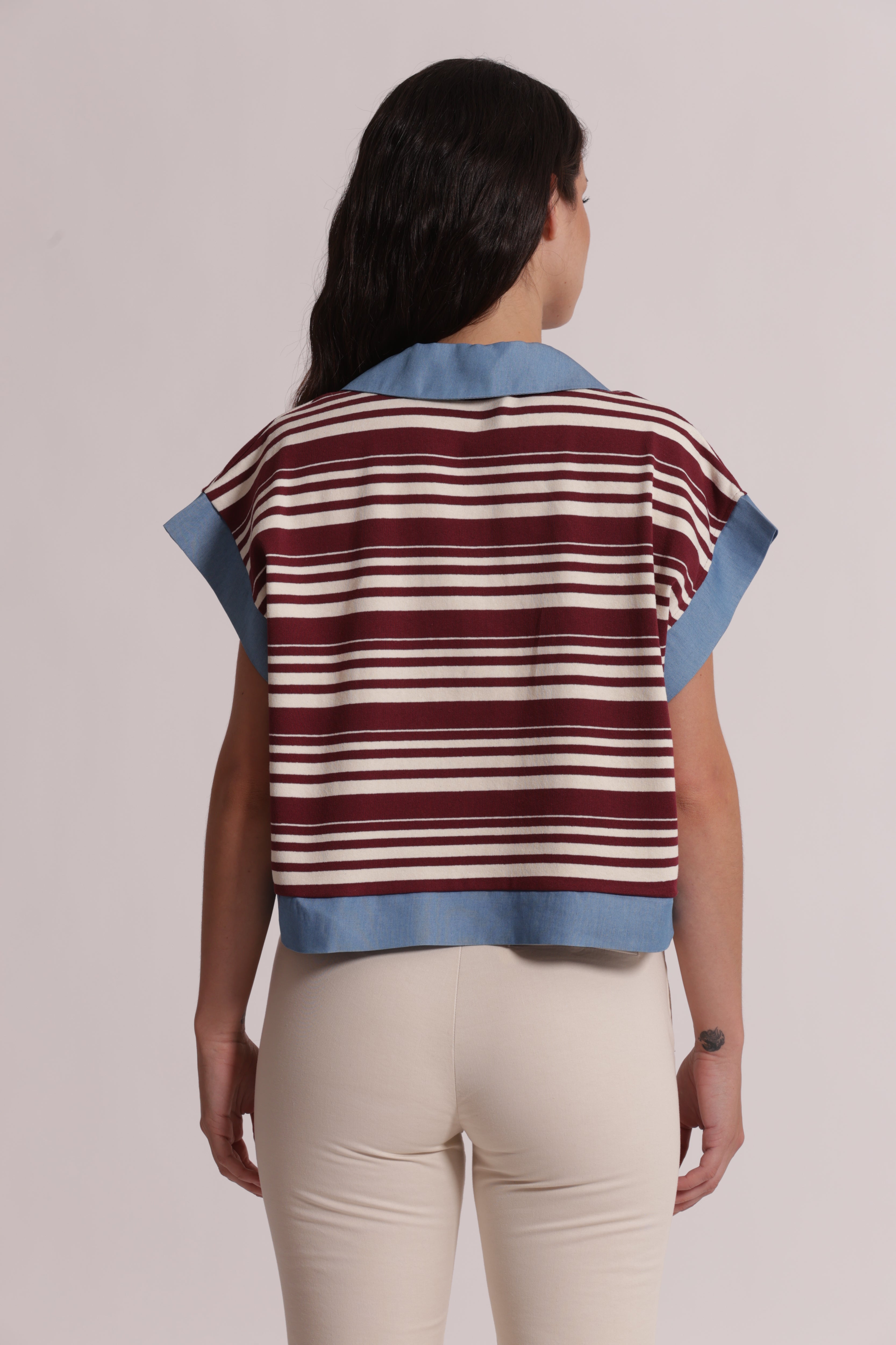 Mimi Mua T-Shirt Colletto Righe Denim Blu Panna