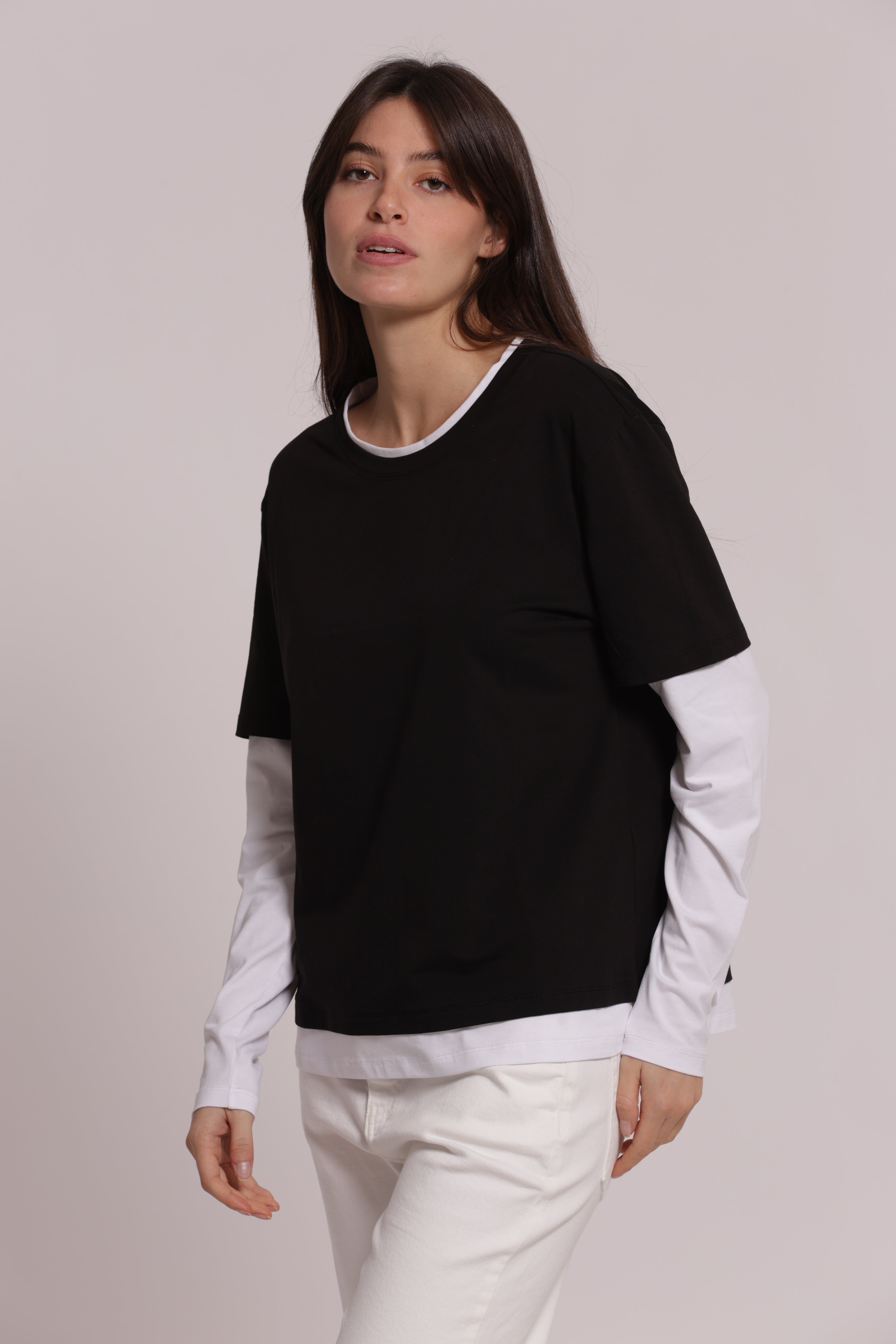 Mimi Mua T-Shirt Doppia Maniche Lunghe Nero Bianco