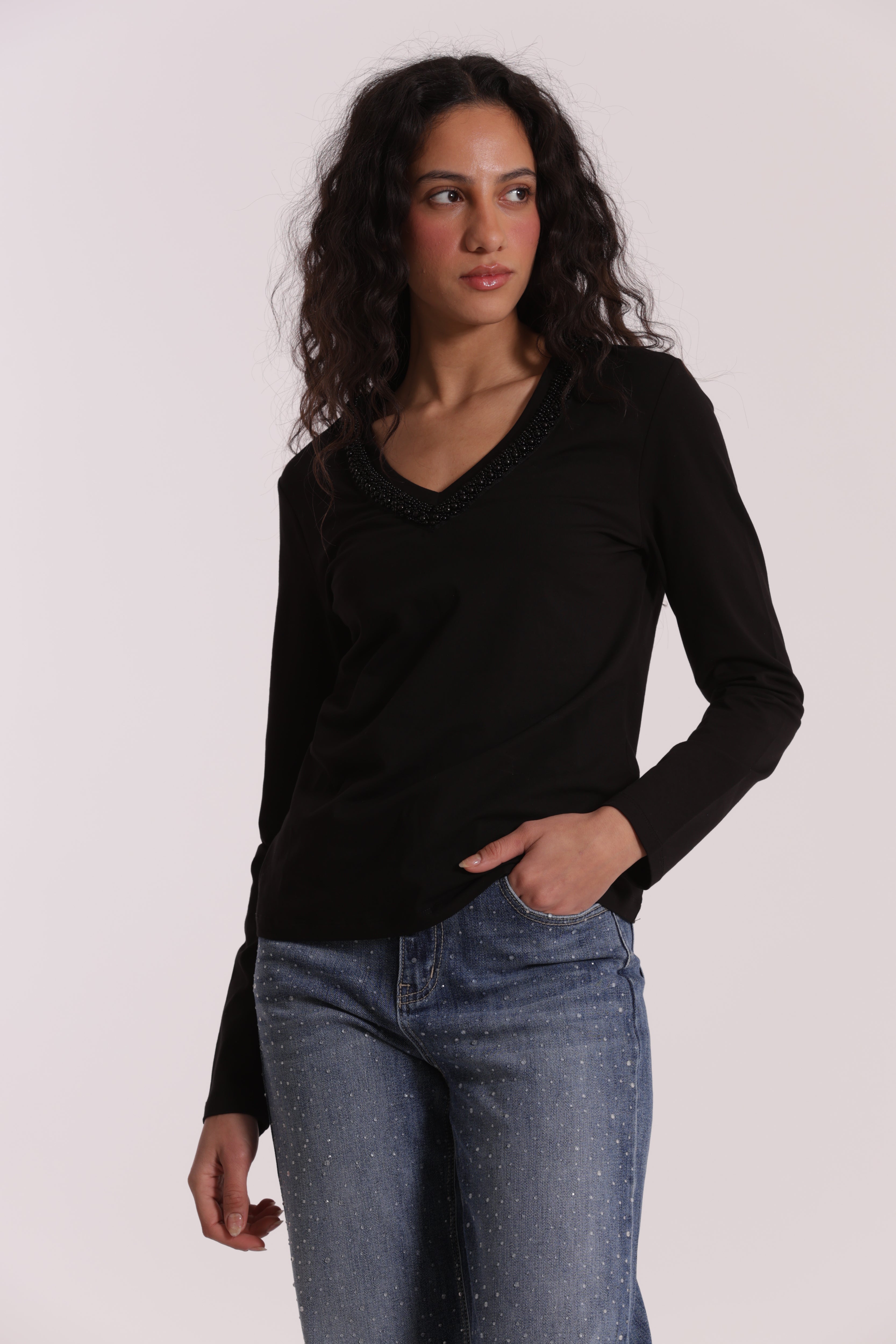 Mimi Mua t-shirt scollo a V perle bianco cotone