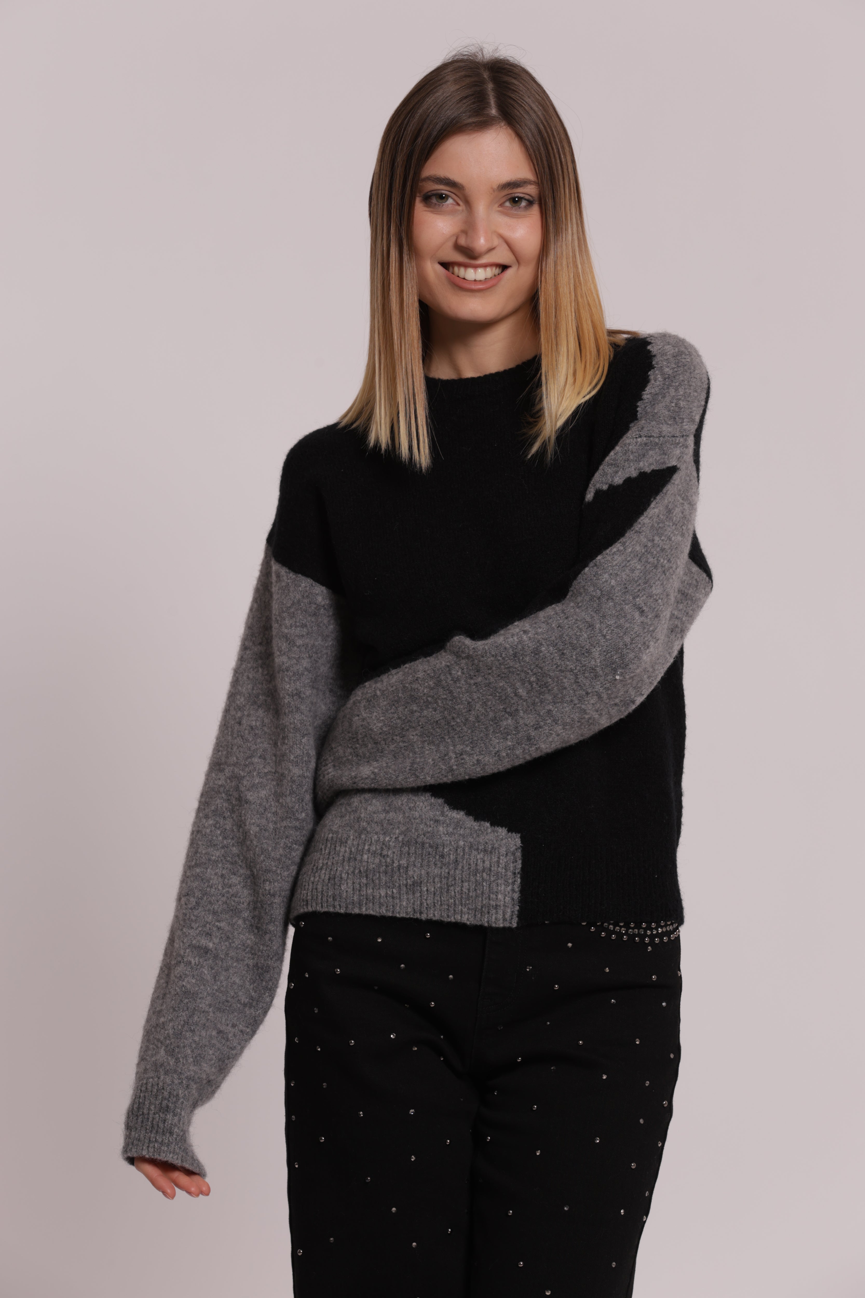 Mimi Mua Maglia Scollo Tondo Bicolor Nero