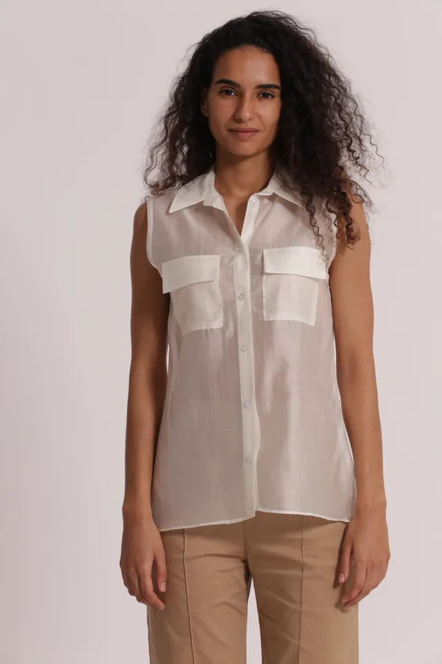 Mimi Mua Camicia Smanicata Tessuto Leggero Bianco