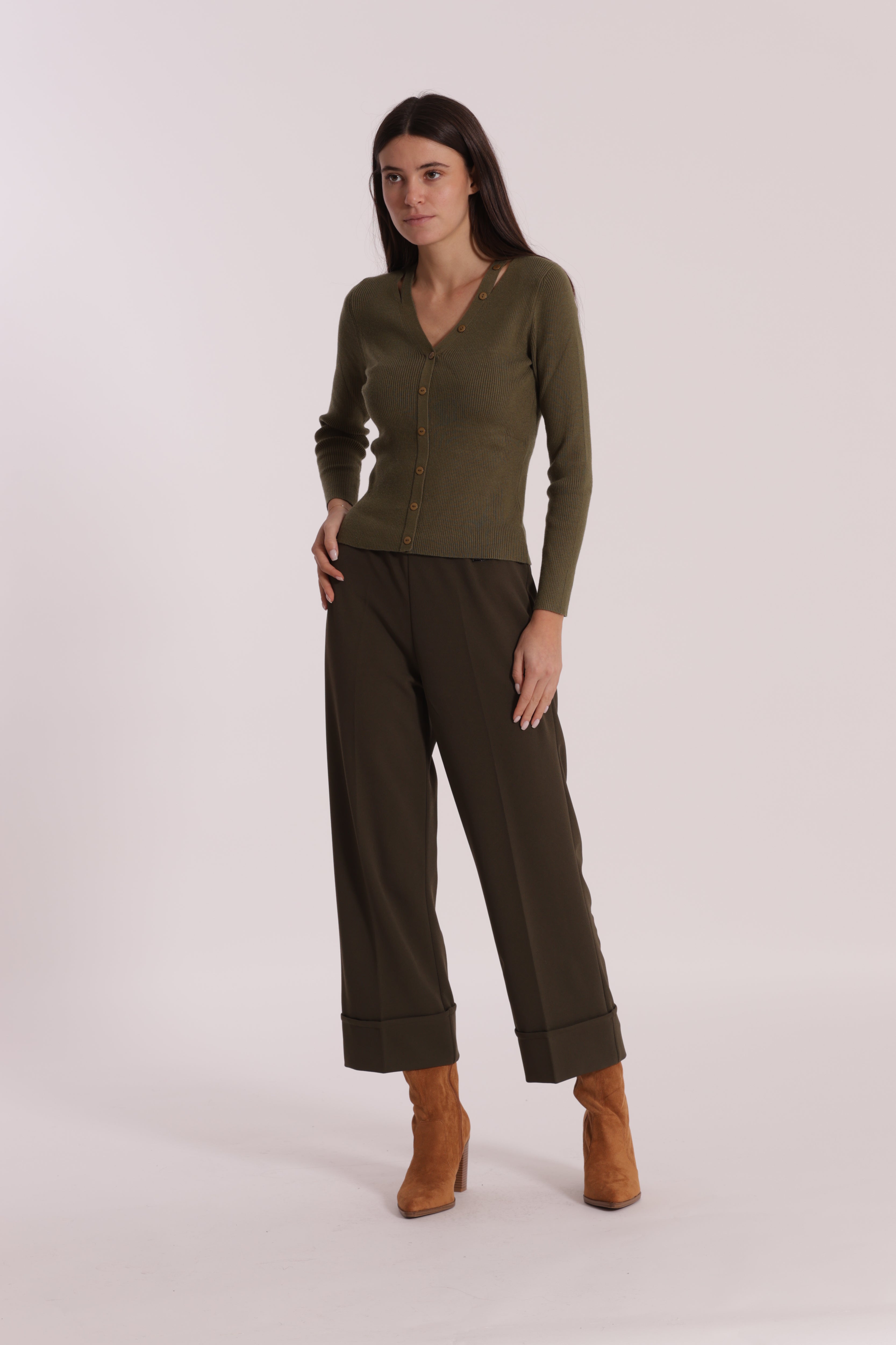 Mimi Mua Cropped con Risvolto in Crepe Pantalone Nero