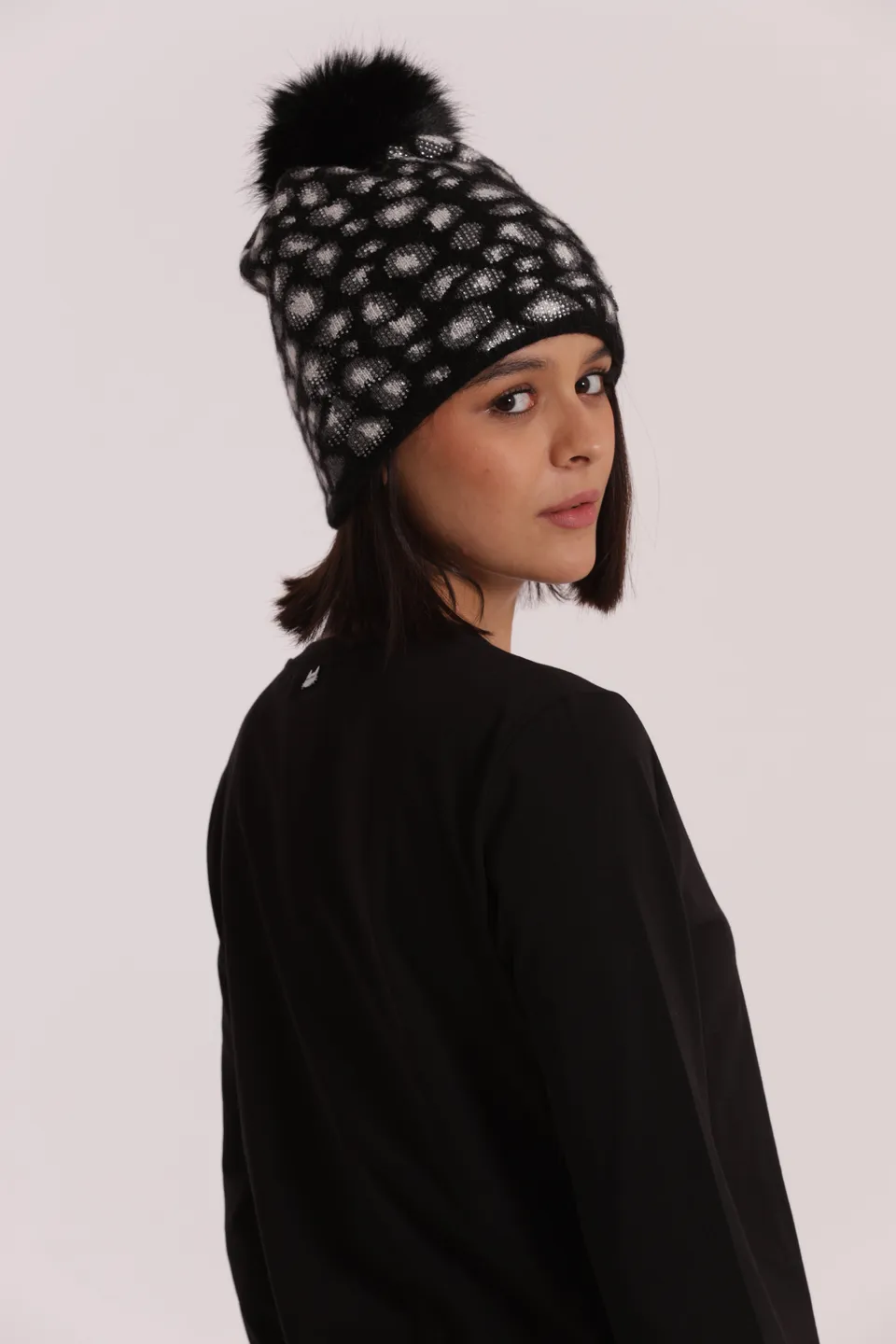 Mimi Mua Berretto Leopardato Strass Pon Pon Nero