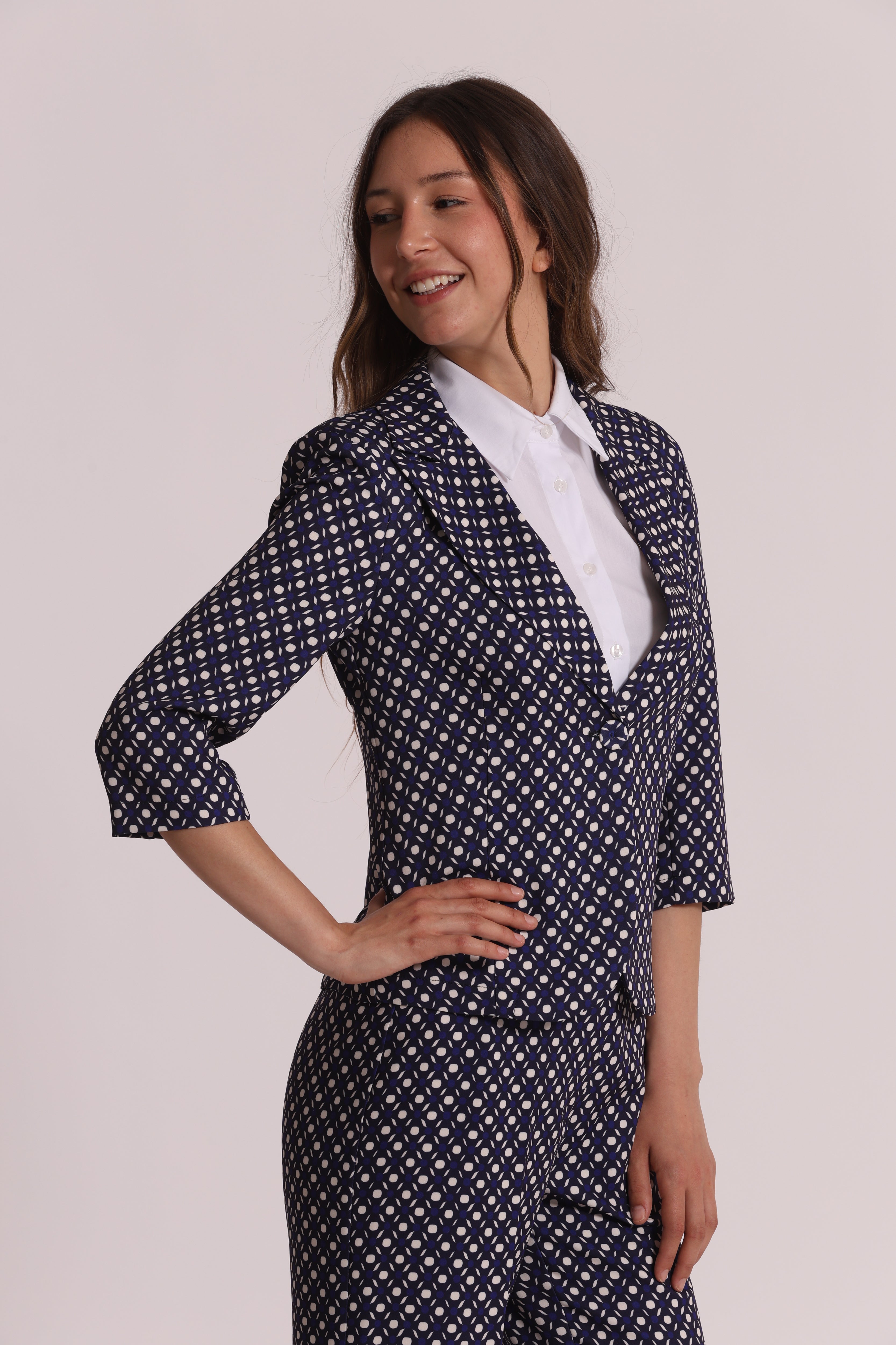 Mimi Mua Giacca Maniche 3/4 Fantasia Geometrica Giacca Blu sfoderata
