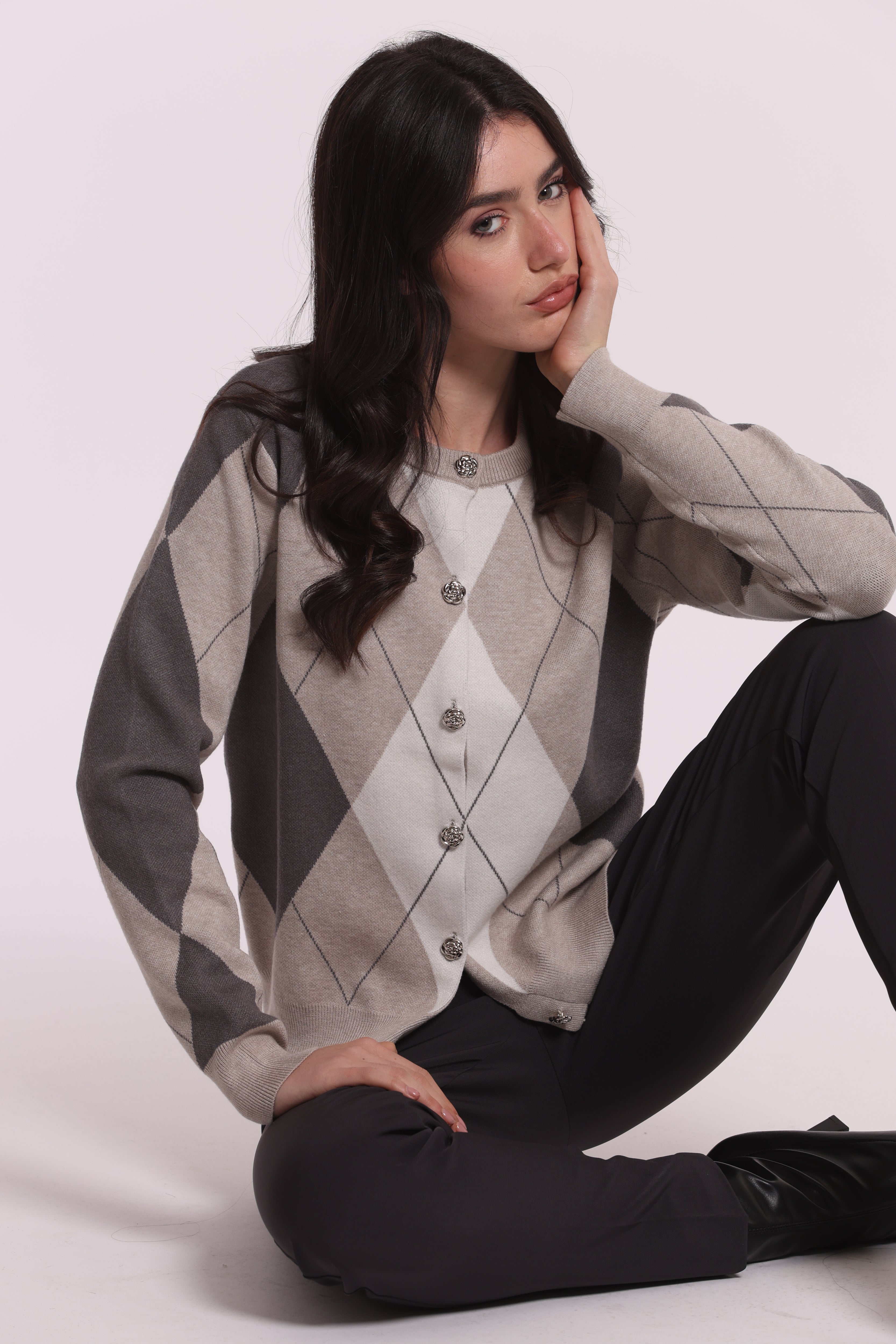 Mimi Mua Cardigan Geometrico Bottoni Gioiello Maglia