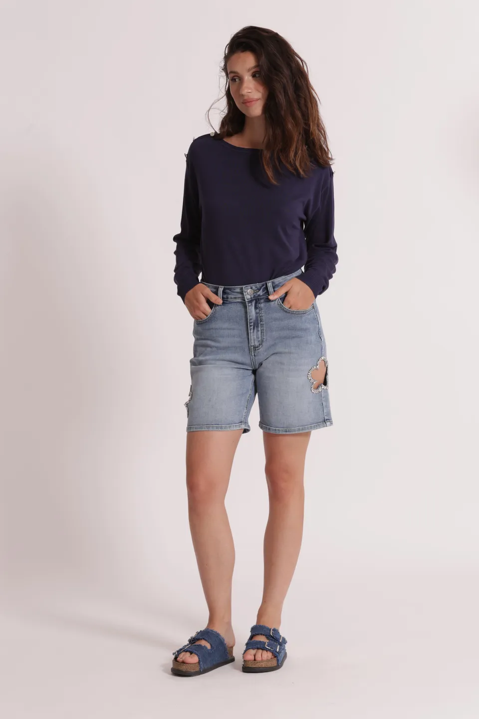 Mimi Mua Bermuda Cut Out Gioiello Pantaloni Blu Medio Cotone