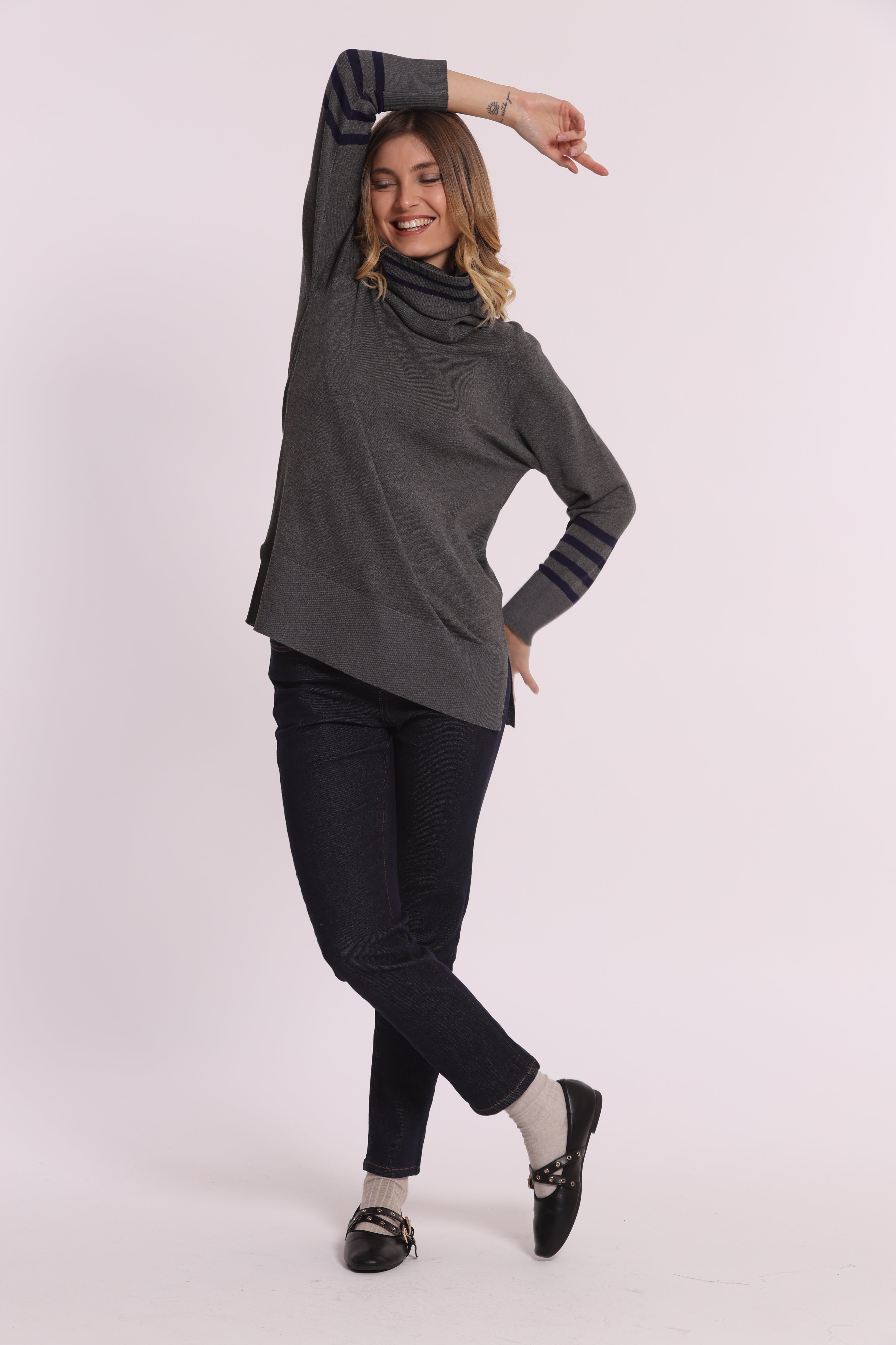 Mimi Mua Maglia Righe Collo Removibile Maglia Nero