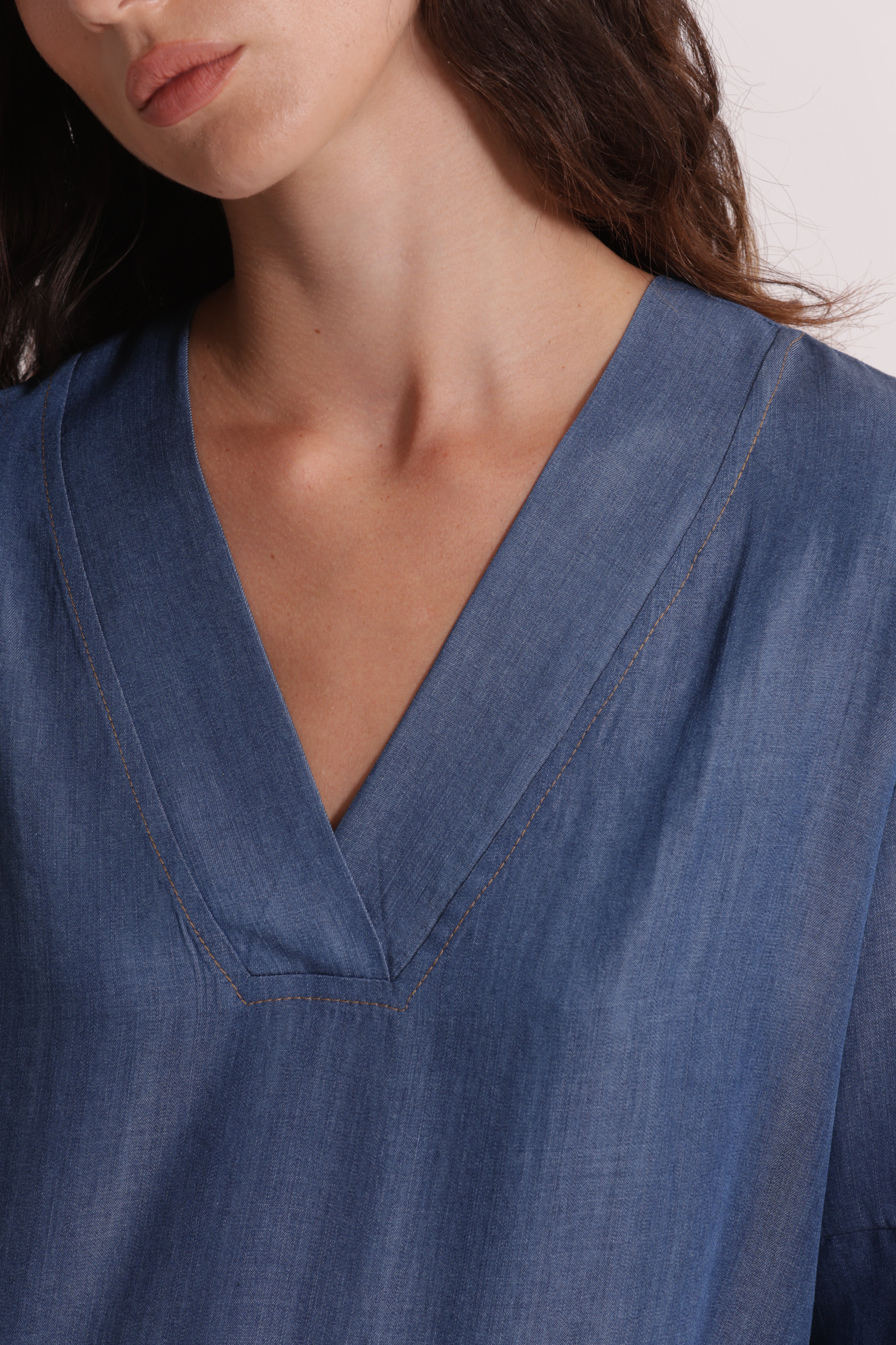 Mimi Mua Blusa Maniche Corte Denim Lyocell