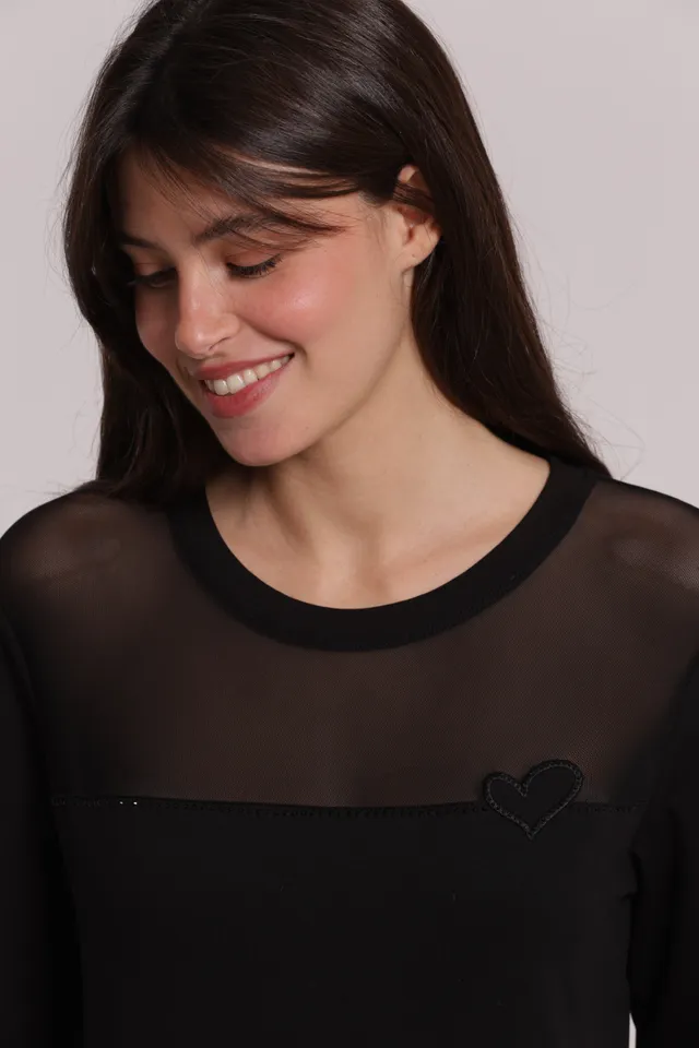Mimi Mua t-shirt maniche lunghe trasparenza nera