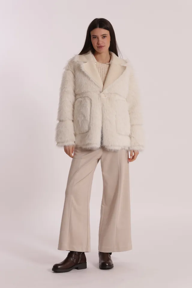 Mimi Mua Pantalone Cropped Effetto Camoscio Panna