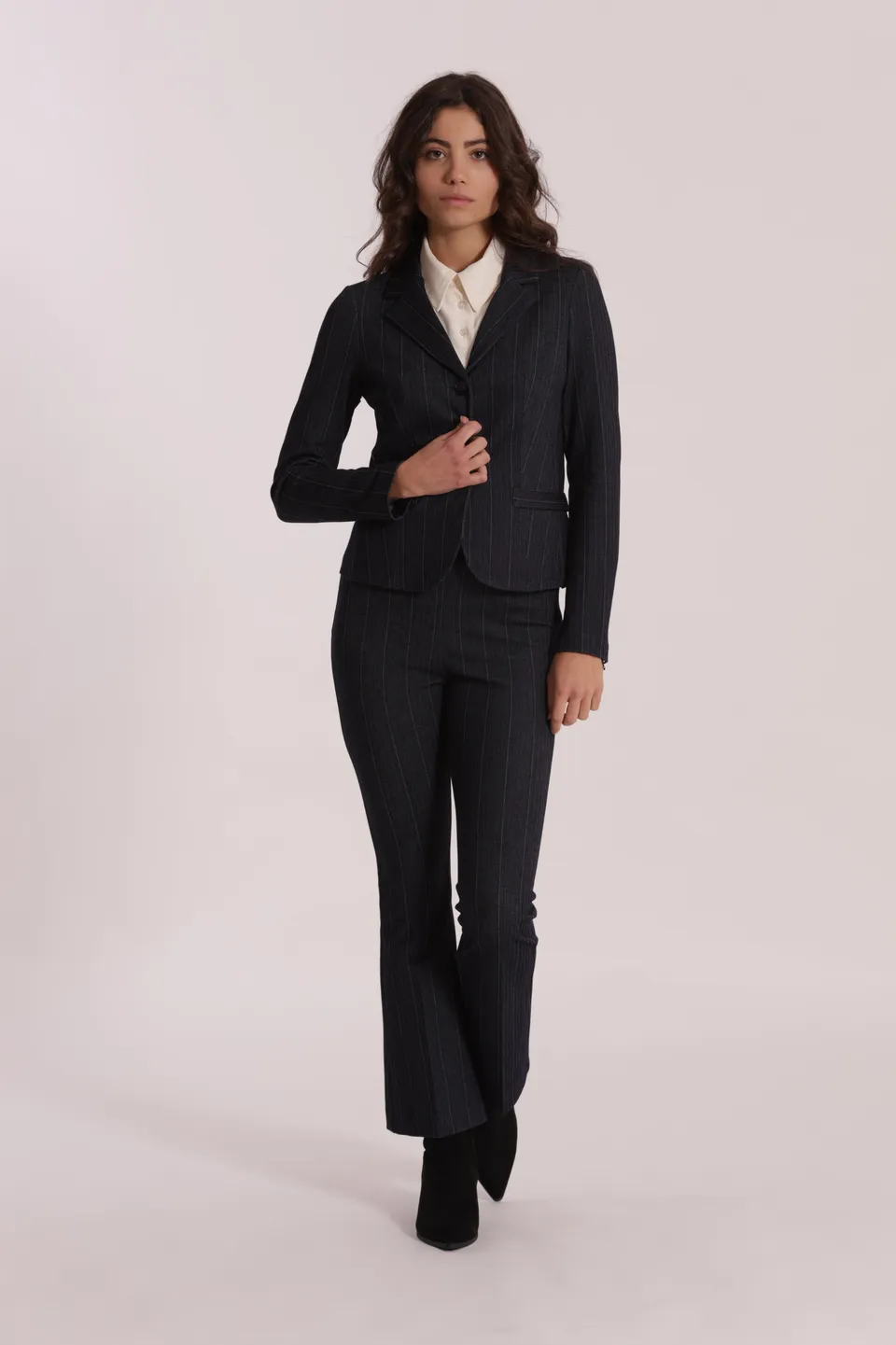 Mimi Mua Pantalone Flare Punto Milano Effetto Jeans Blu
