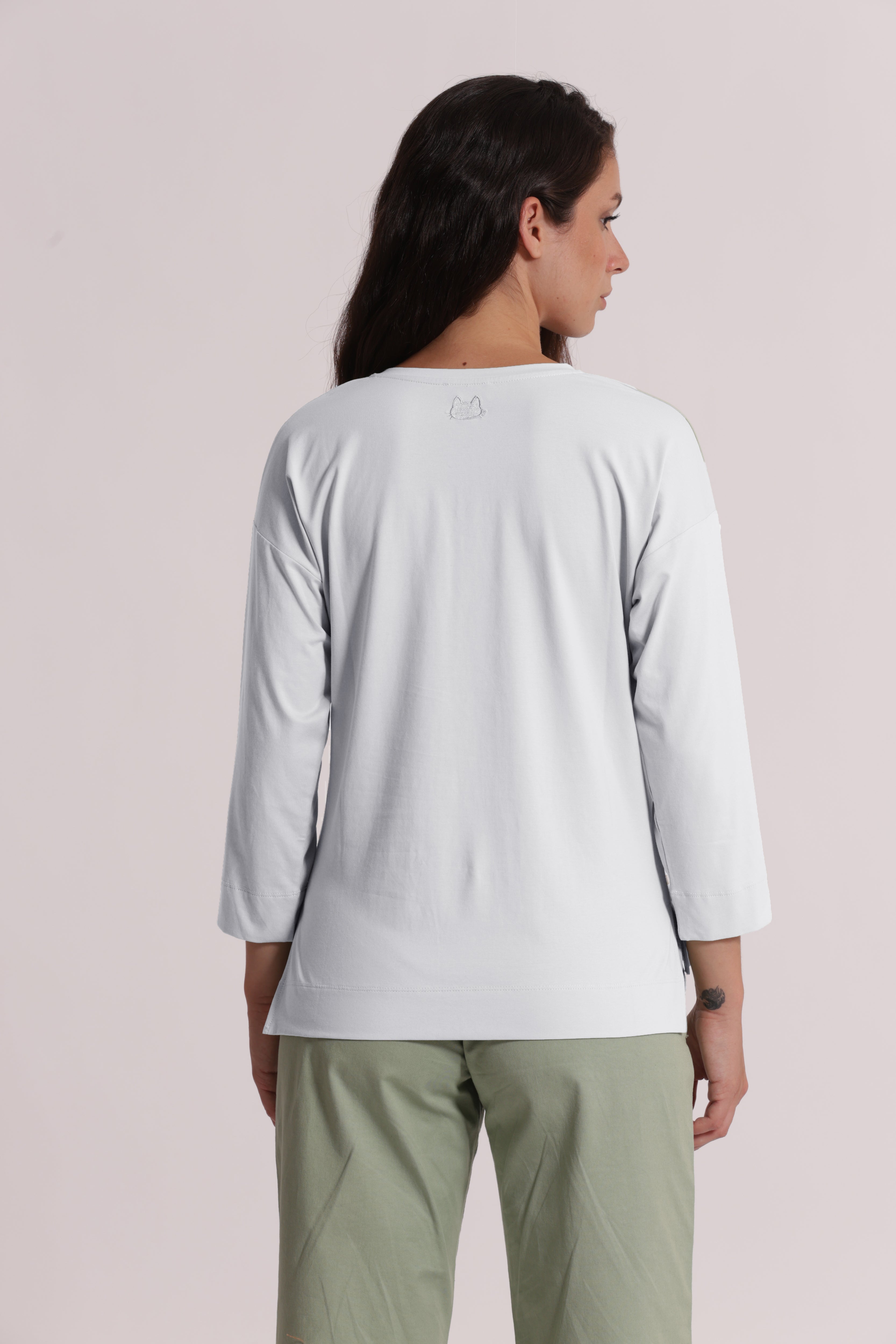 Mimi Mua Basic Ricamo Gatto T-Shirt Maniche Lunghe Cotone