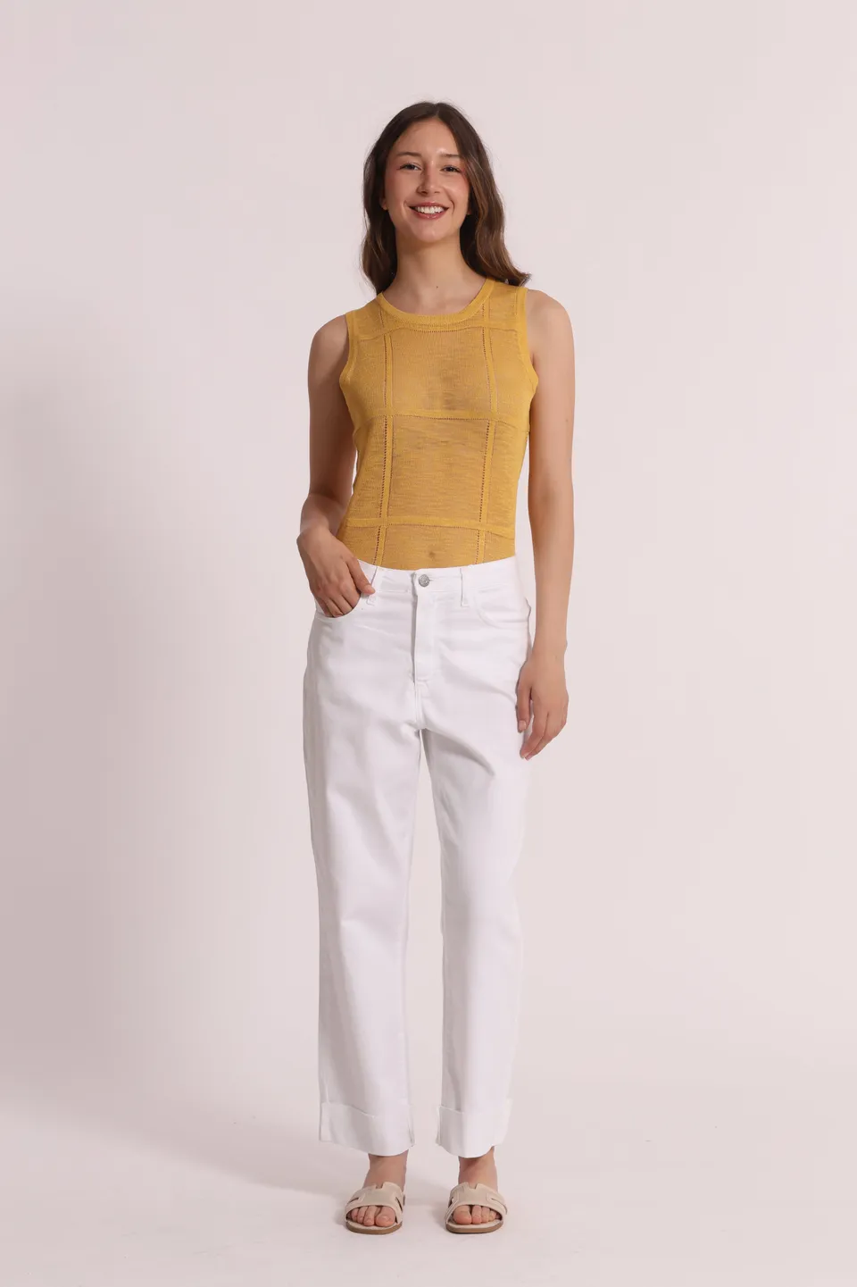 Mimi Mua Jeans Cropped con Risvolto Bianco