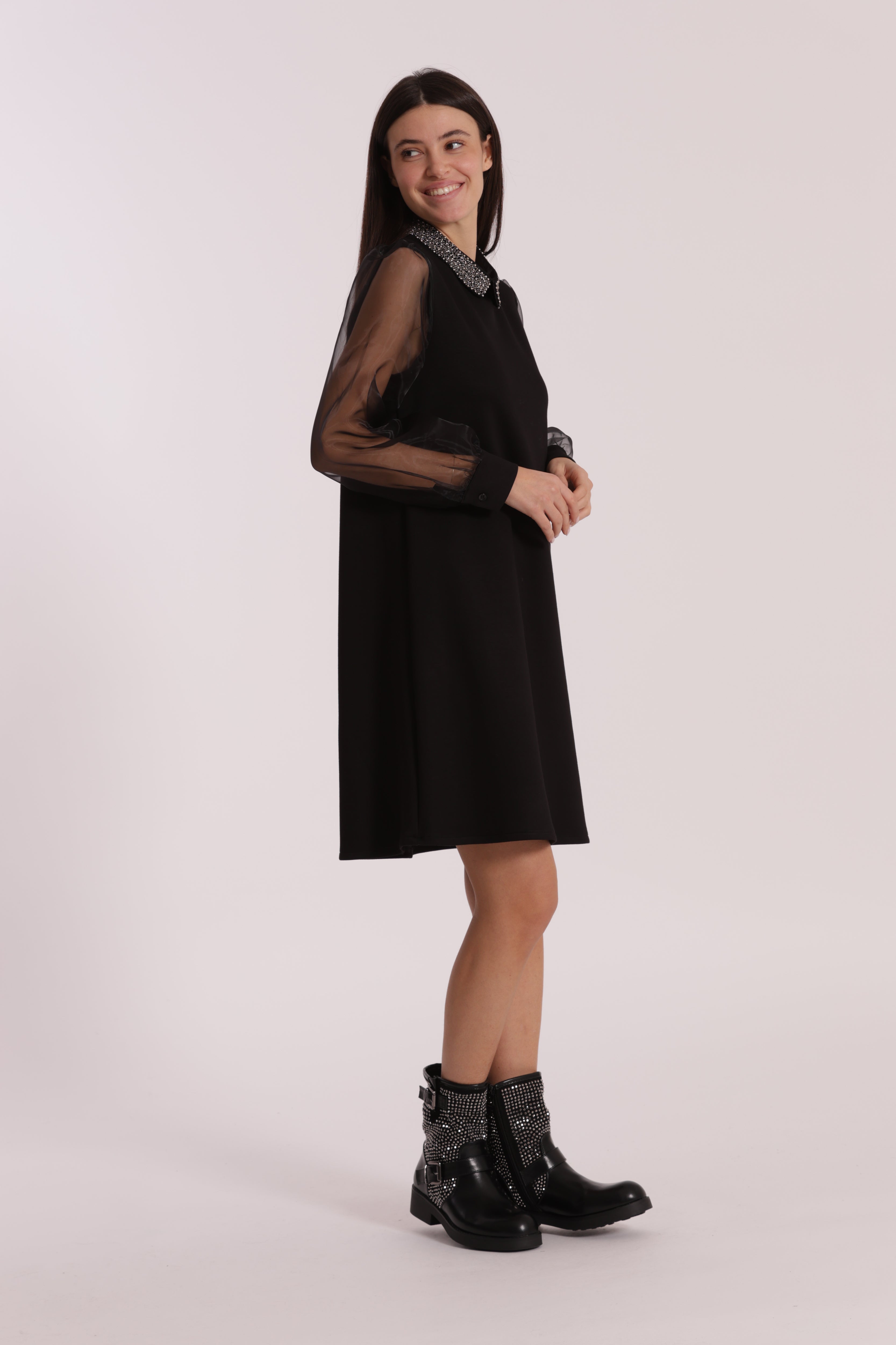 Mimi Mua Abito Corto Organza Nero Colletto Ricamato
