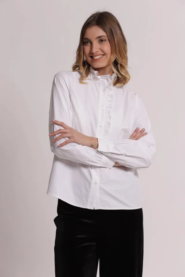 Mimi Mua Camicia Rouches Collo Bianco cotone