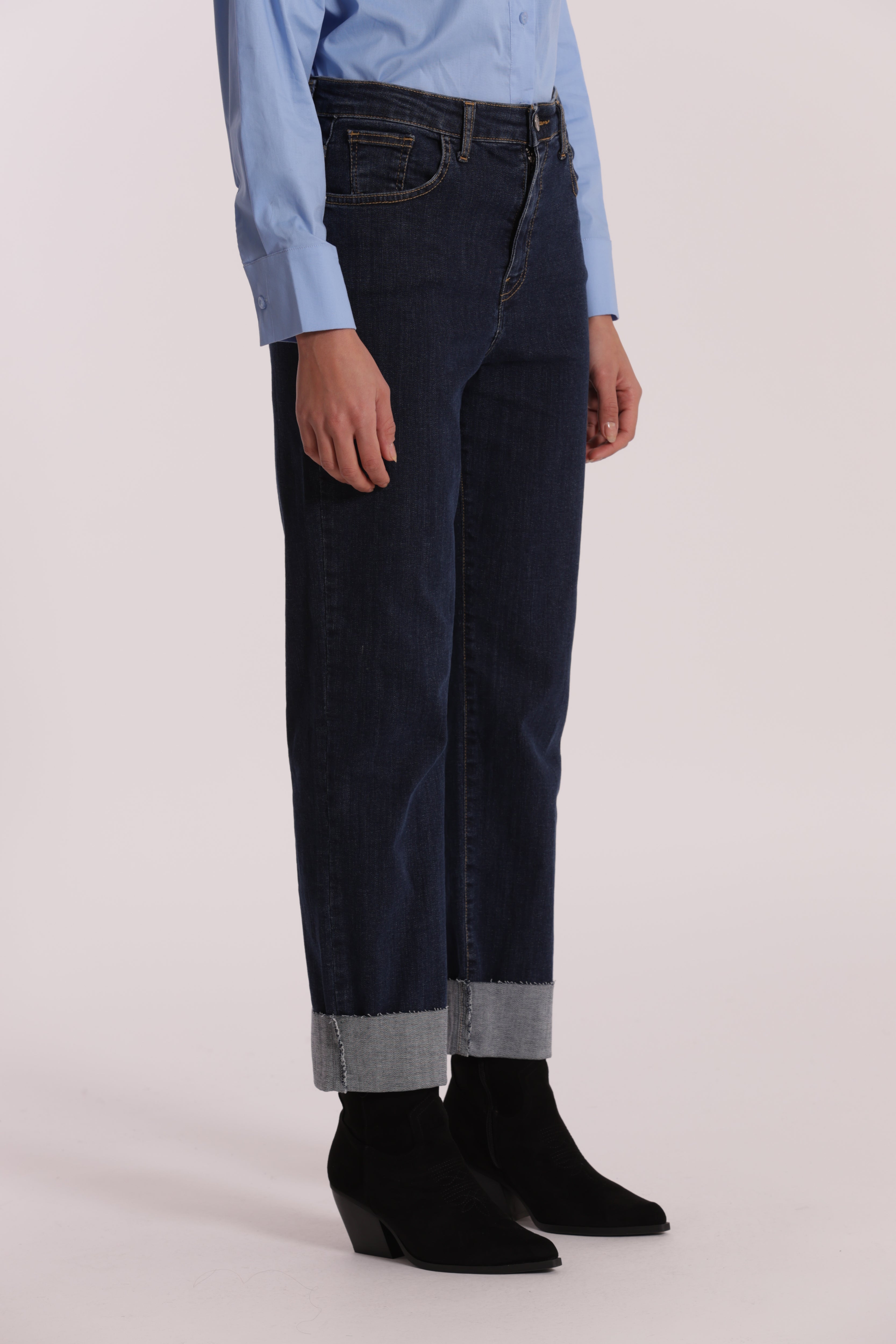 Mimi Mua jeans cropped con rivolto blu scuro cotone