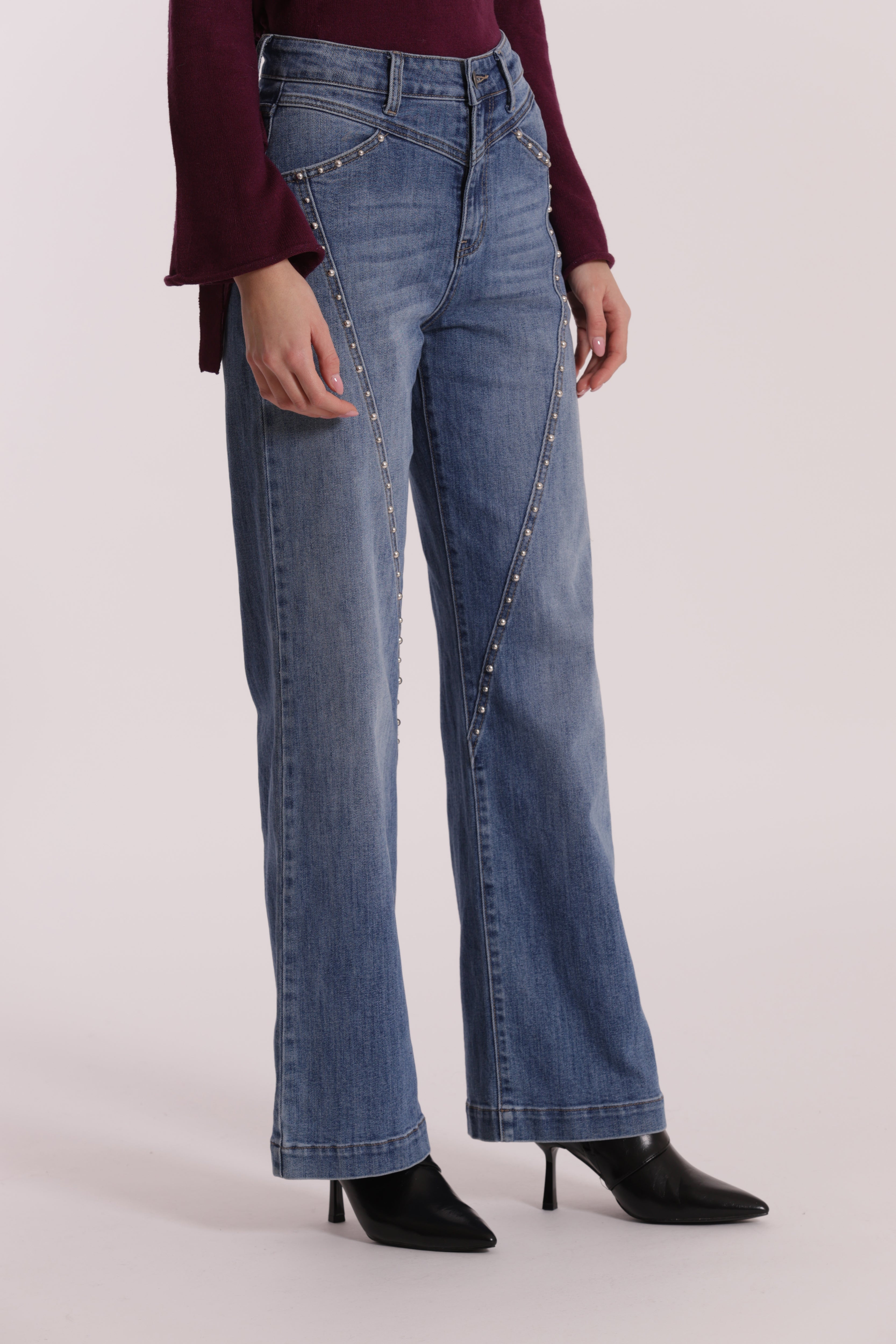 Mimi Mua jeans wide leg borchie blu medio