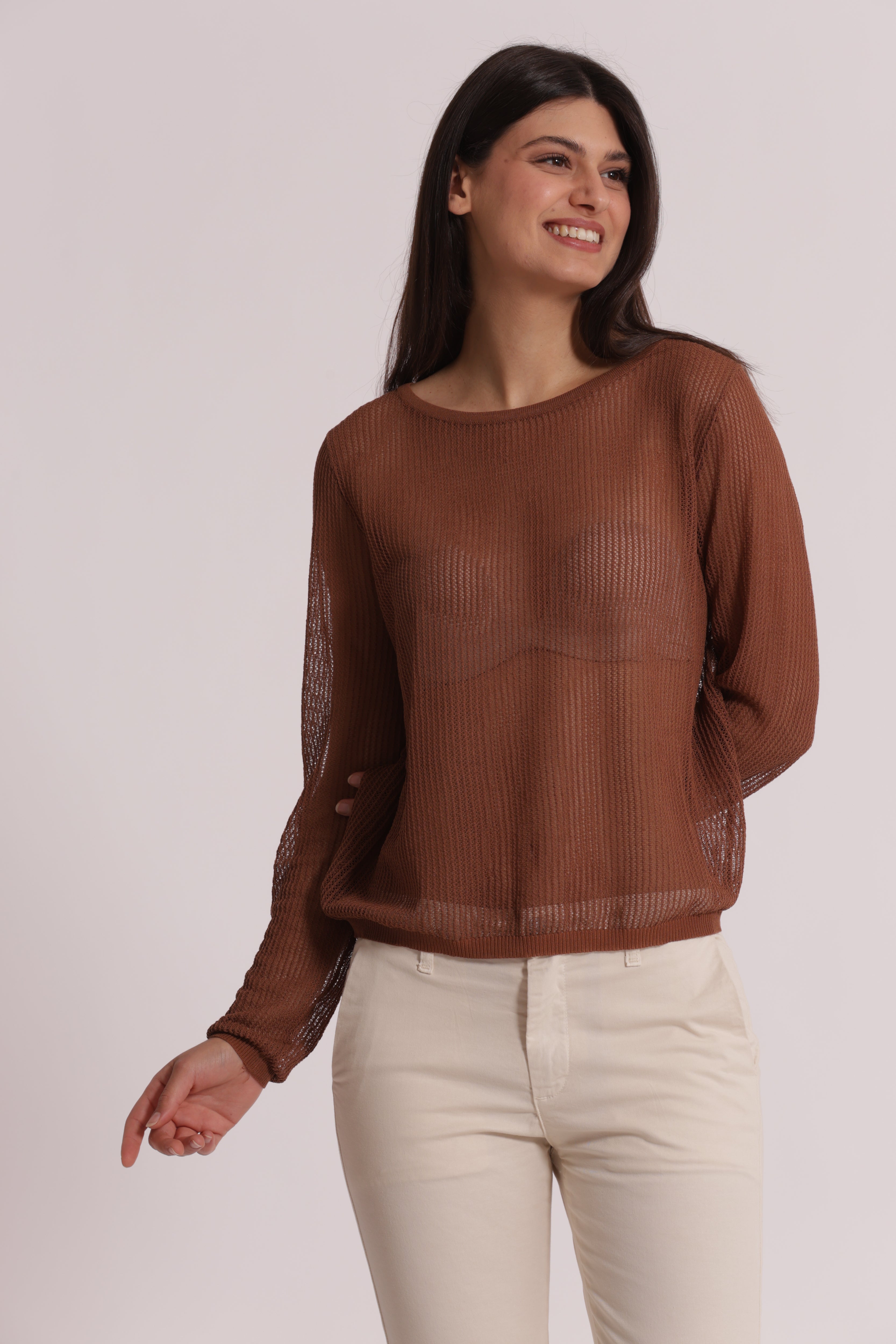 Mimi Mua Maglia Traforata Maniche Lunghe panna viscosa