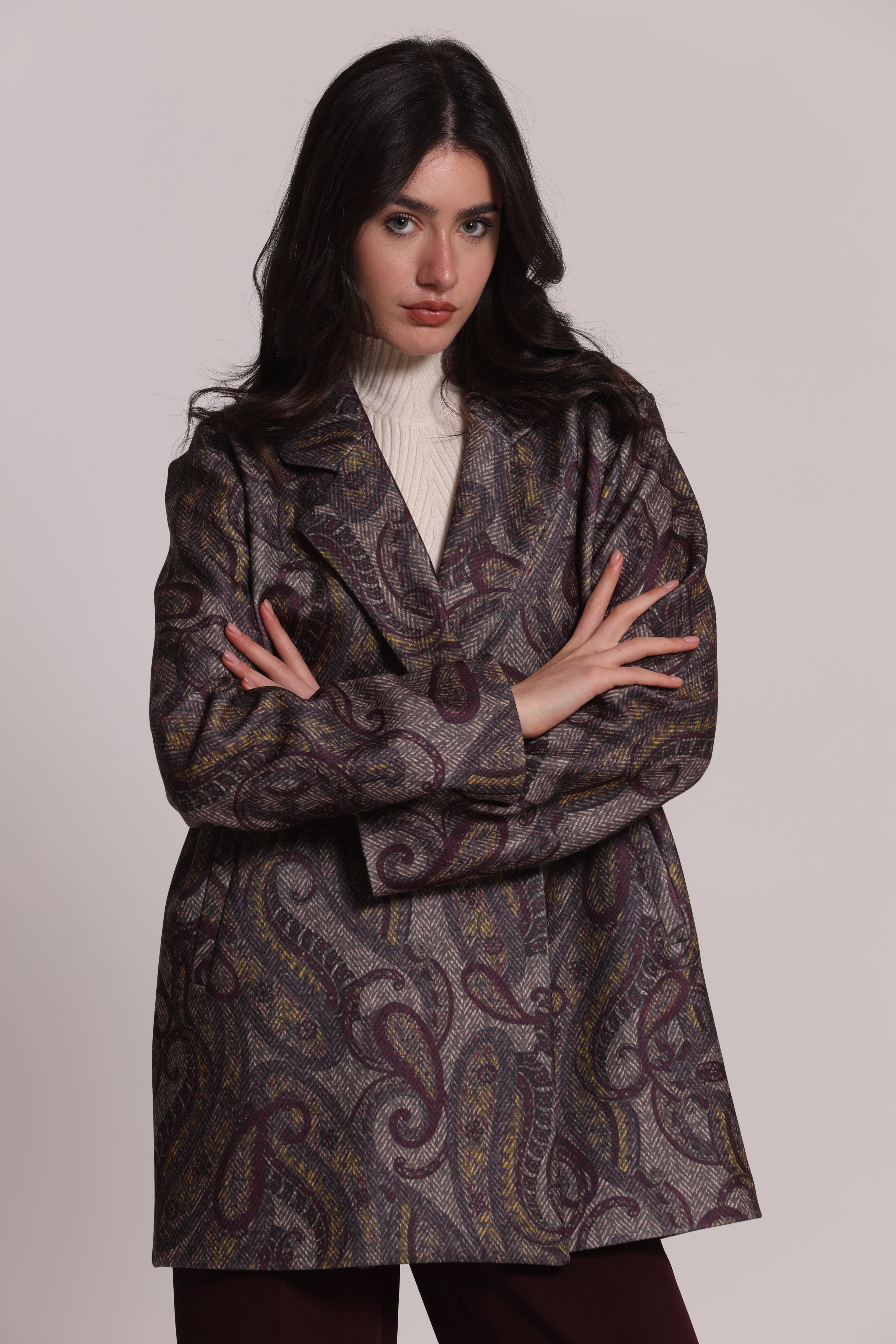 Mimi Mua Cappotto Giaccone Over Paisley Prugna Invernale