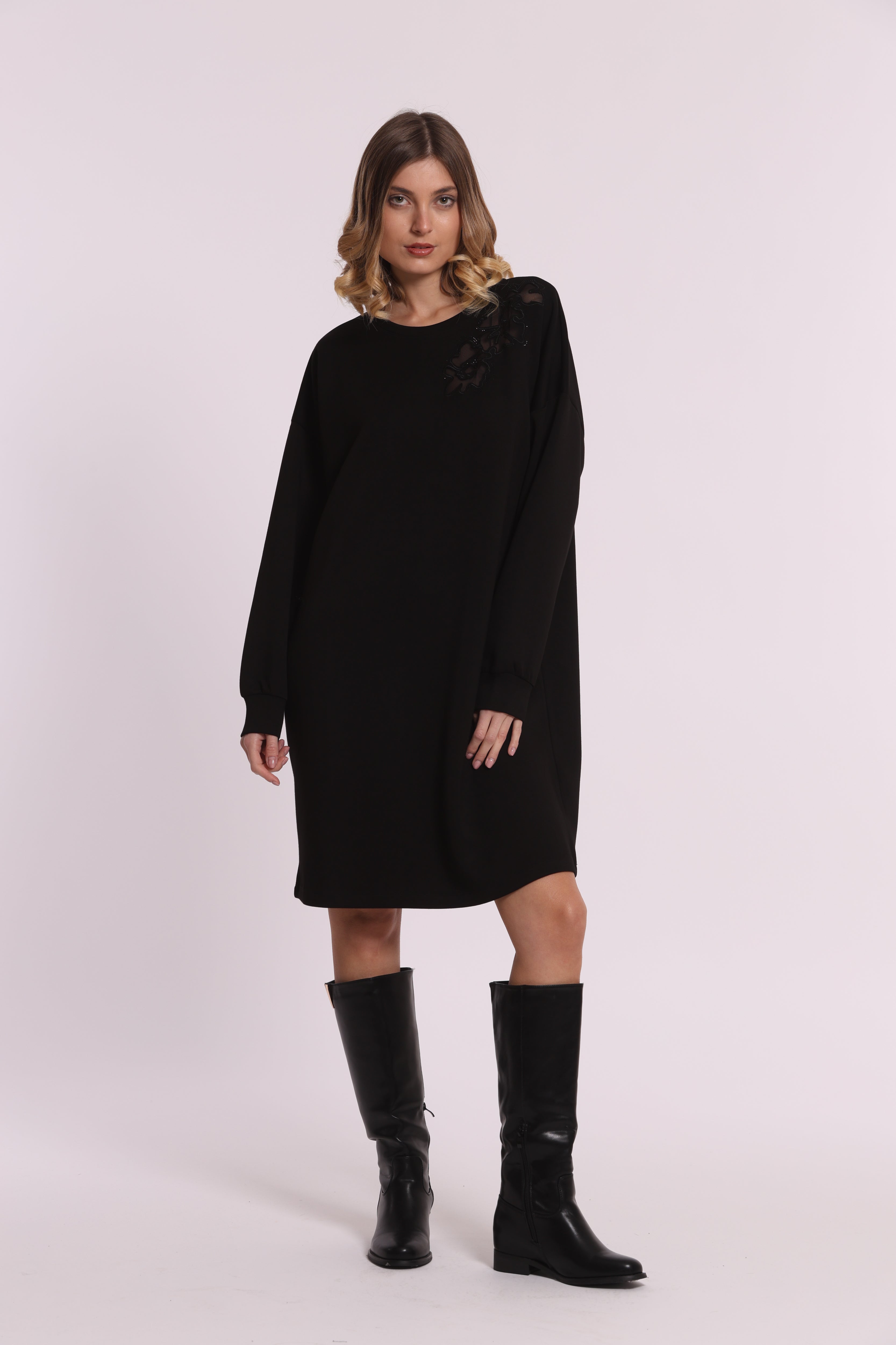 Mimi Mua Felpa Trasparenze Abito Nero con Strass