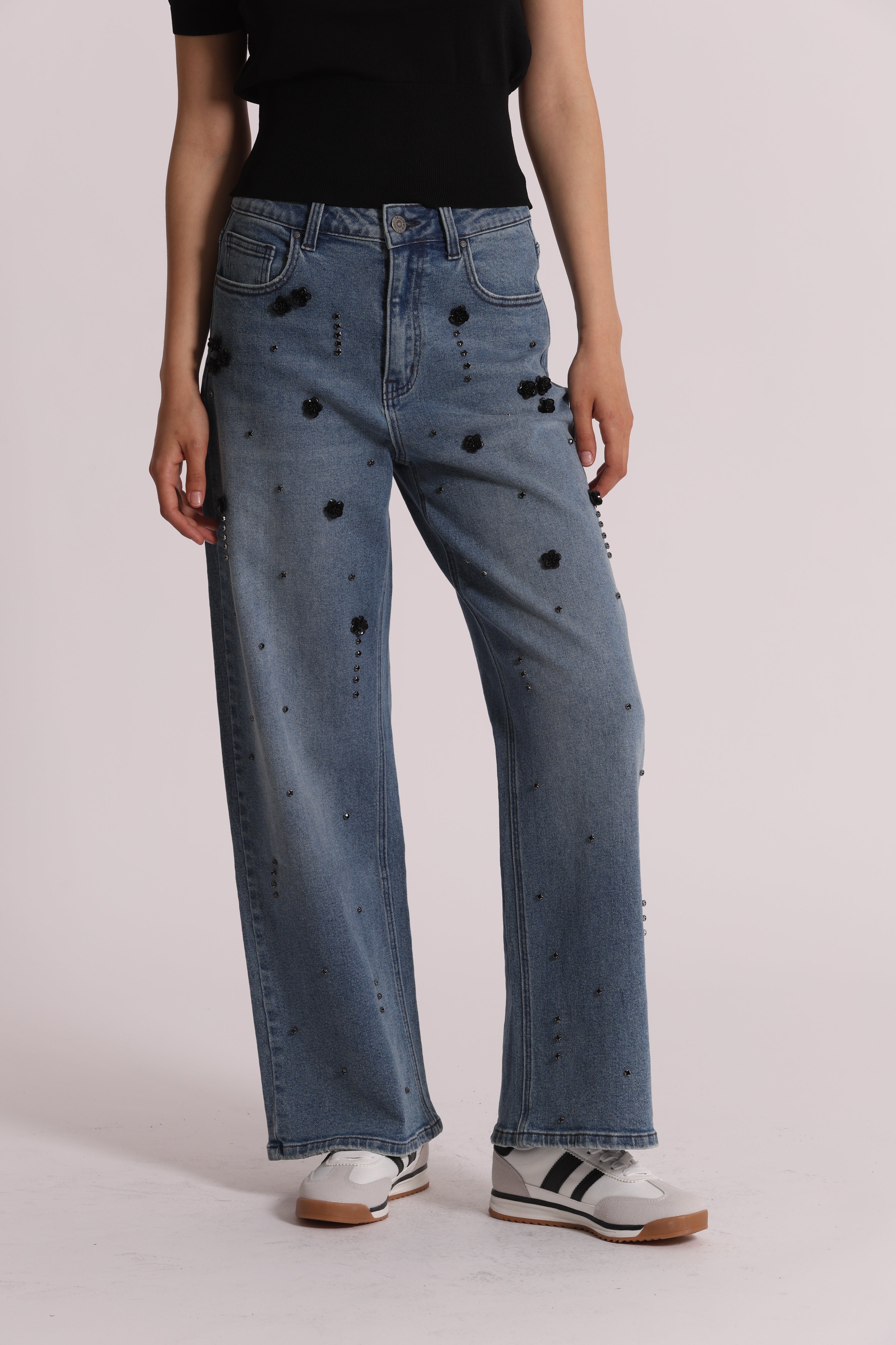 Mimi Mua Jeans Palazzo Fiori Cotone Blu Medio