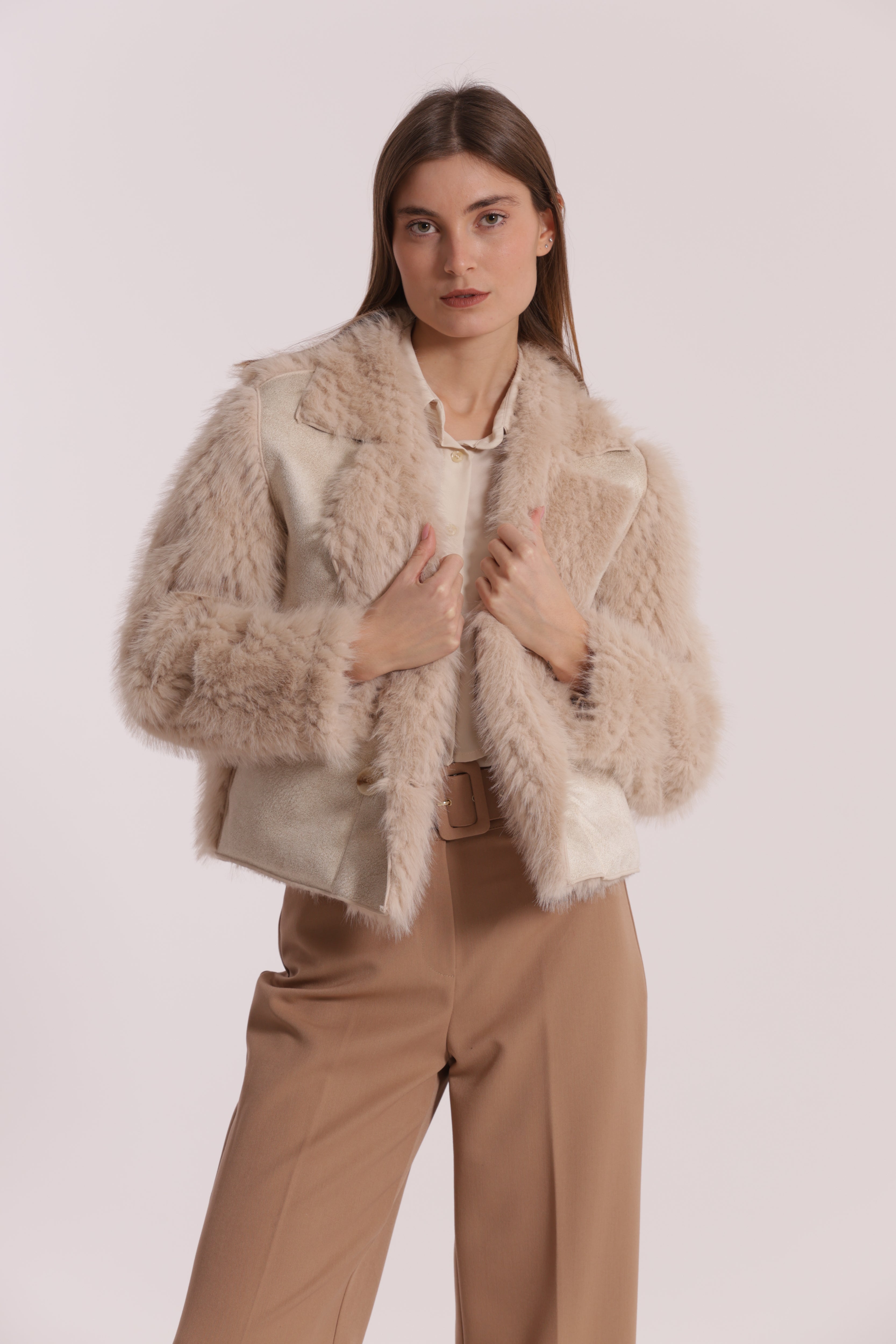 Mimi Mua Giubbotto Cropped Reversibile montone beige