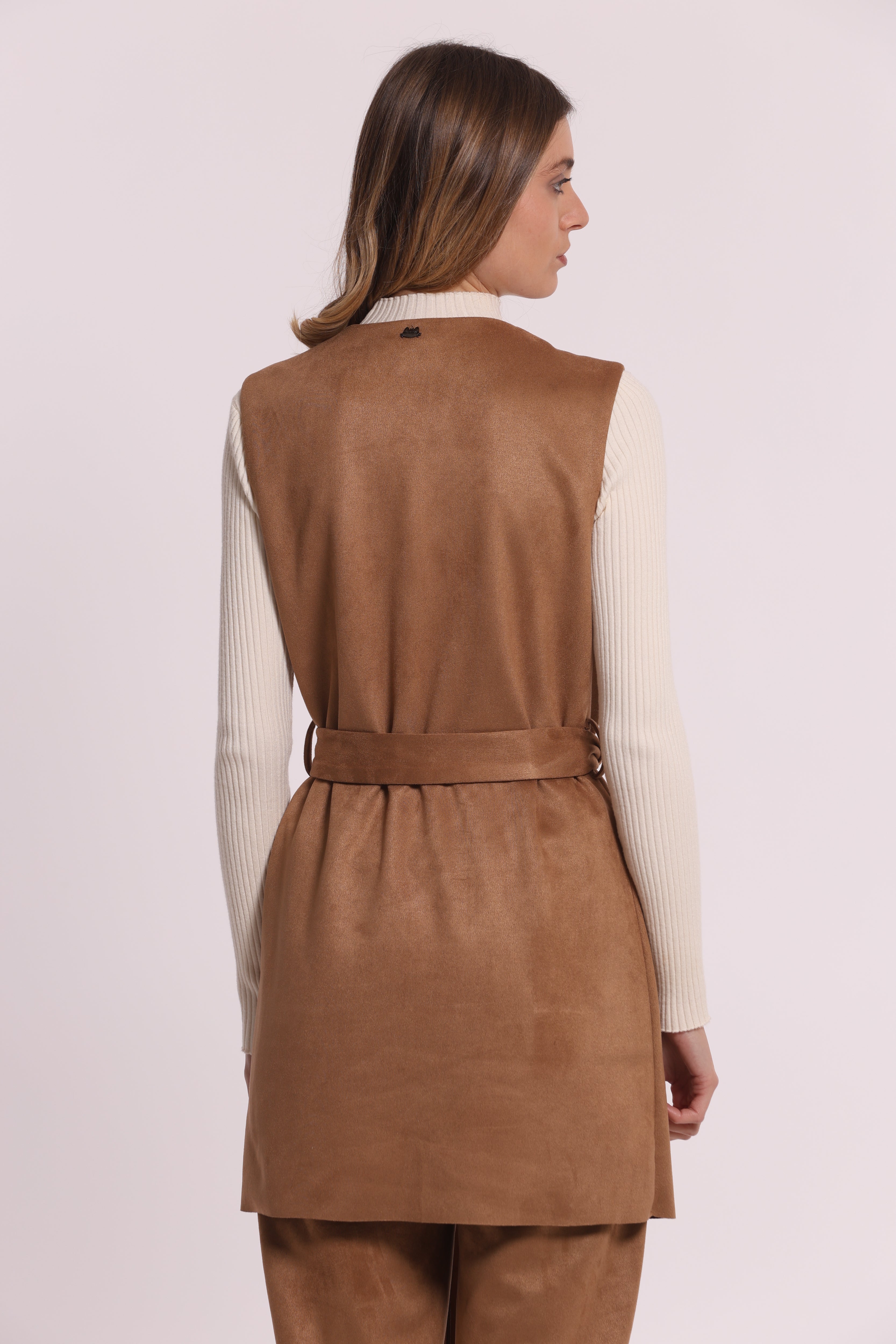 Mimi Mua Gilet Lungo Jersey Effetto Camoscio Beige