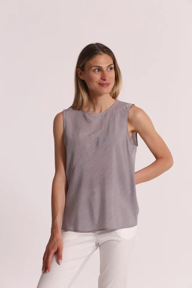 Mimi Mua Top a Righe Beige Latte blusa smanicata