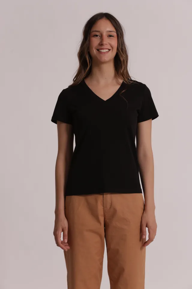 Mimi Mua Basic Gatto T-shirt Scollo a V Nero Cotone