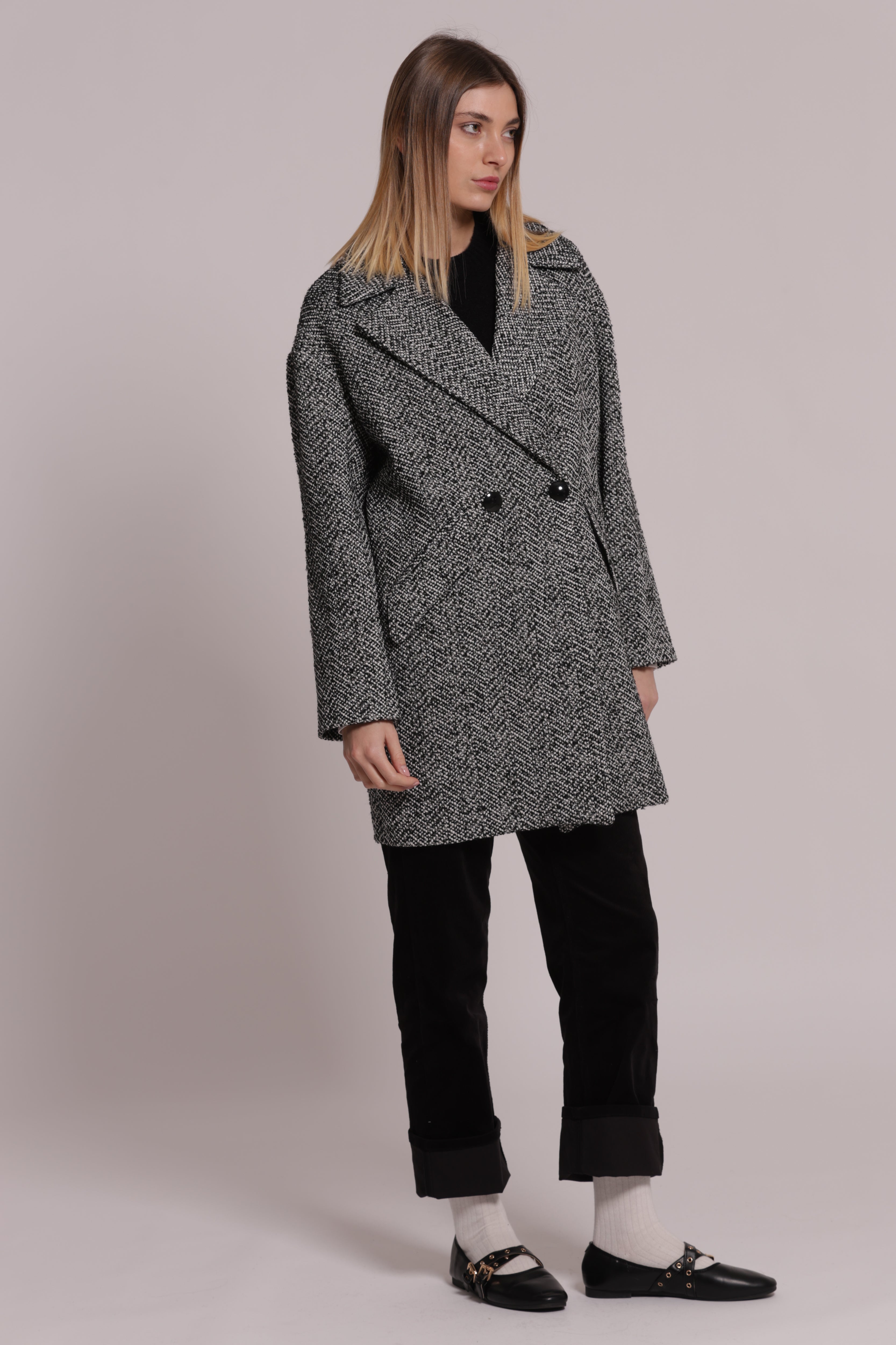 Mimi Mua Over Cappotto Spigato Nero/Bianco