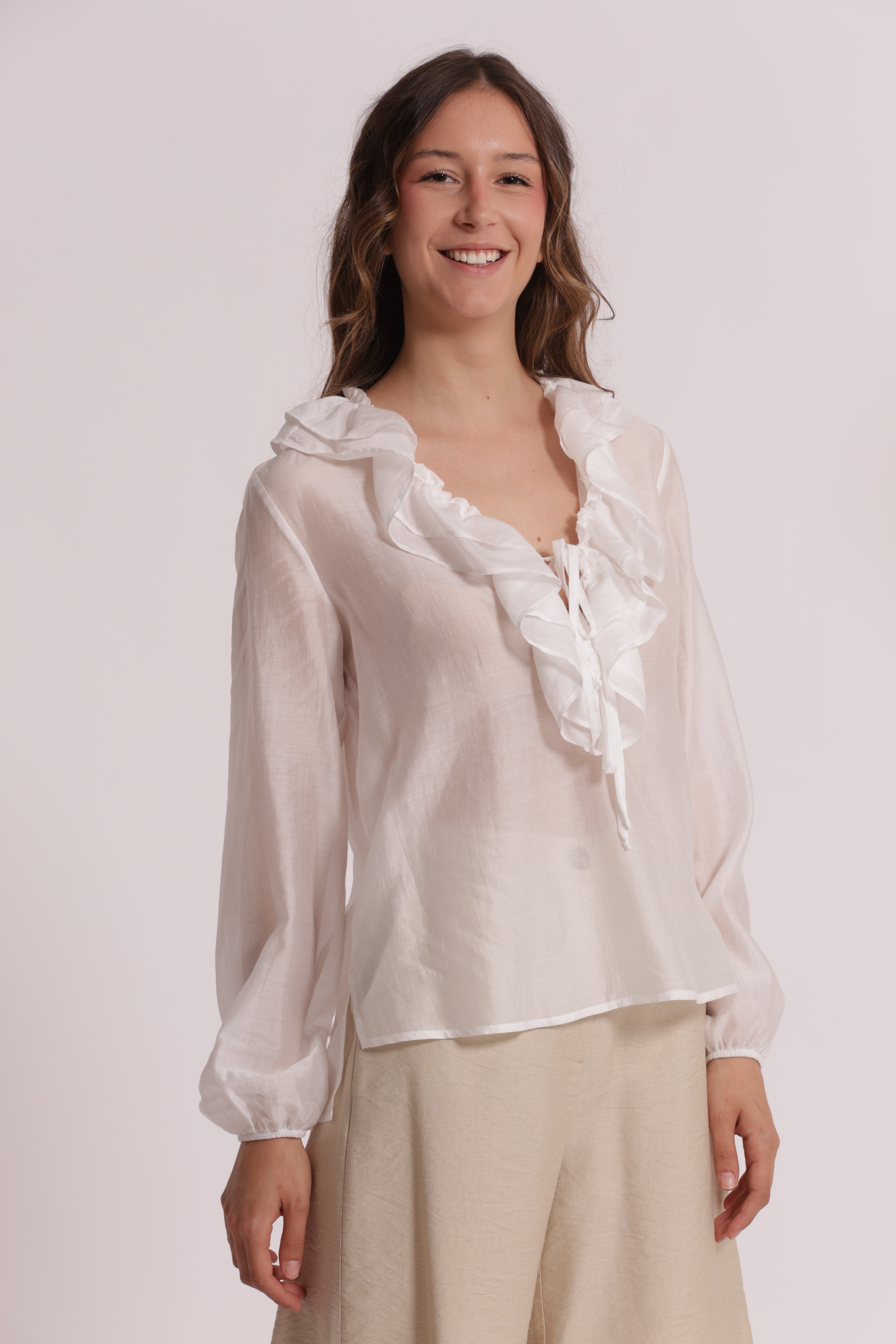 Mimi Mua Rouches Blusa Bianca Maniche Lunghe XS