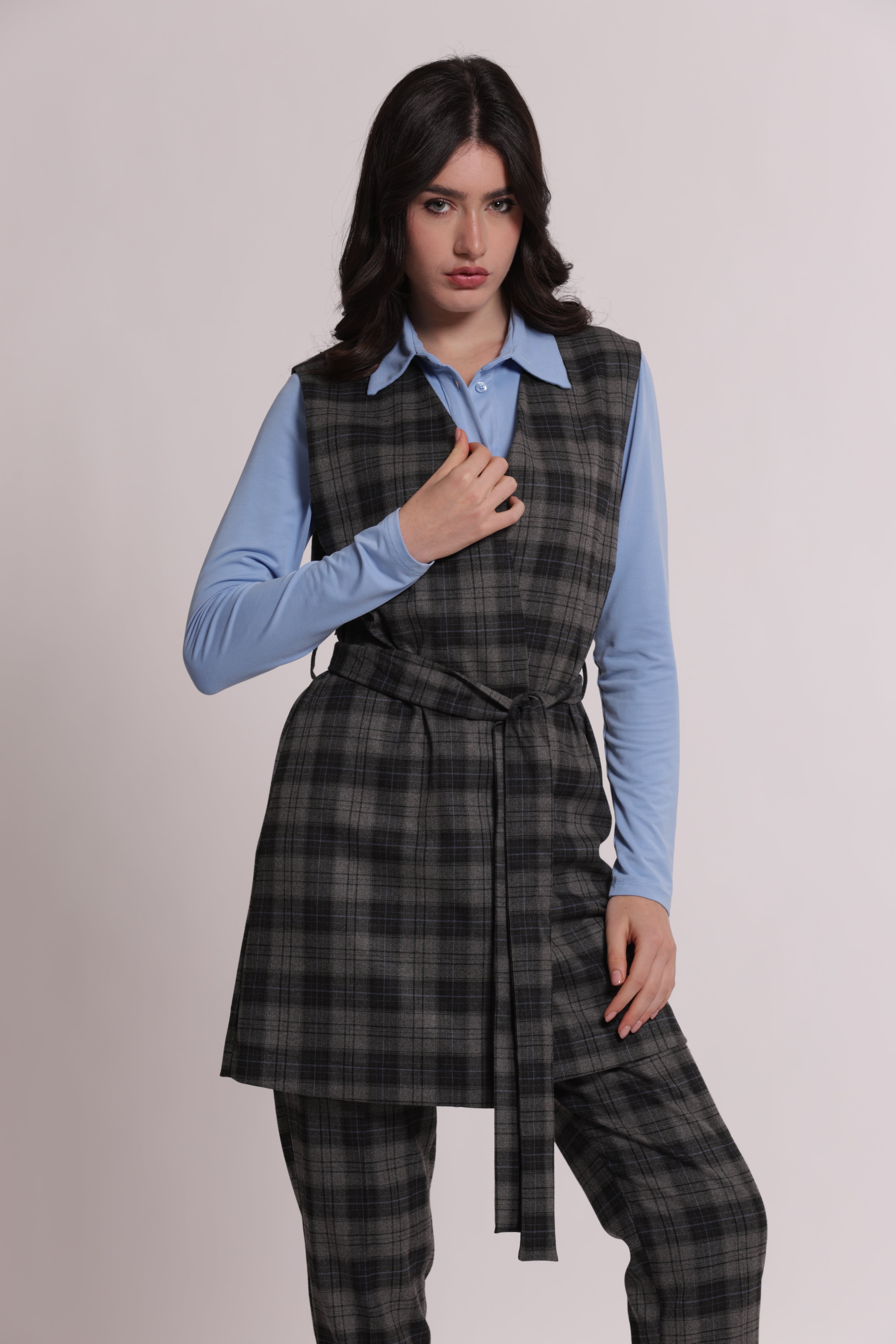 Mimi Mua Gilet Lungo Check Grigio Smanicato
