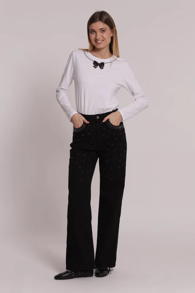 Mimi Mua jeans wide leg borchie e strass nero