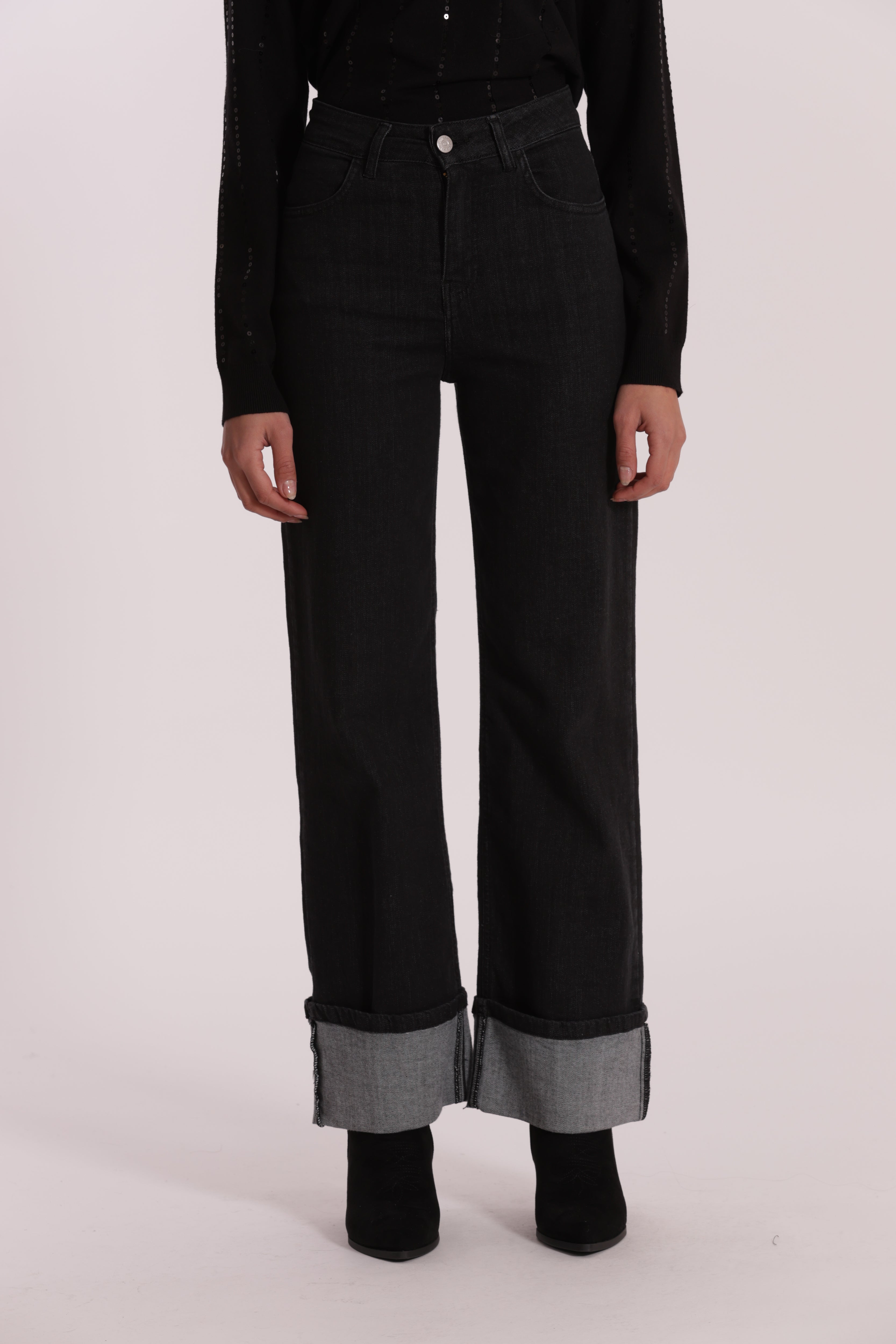 Mimi Mua Jeans Palazzo con Risvolto Nero elasticizzato