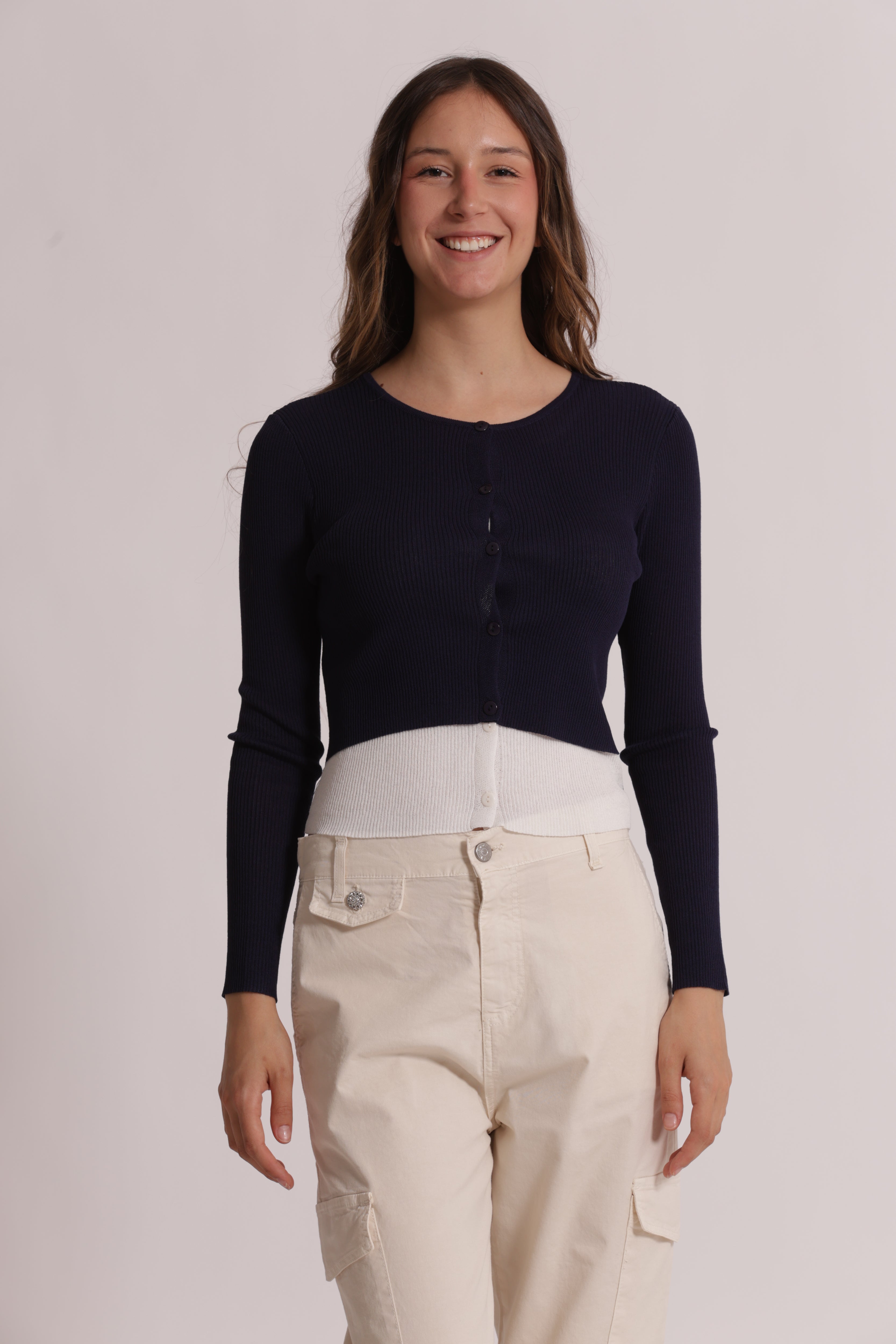 Mimi Mua Cardigan Maglia Doppia Abbottonatura Nero/Panna