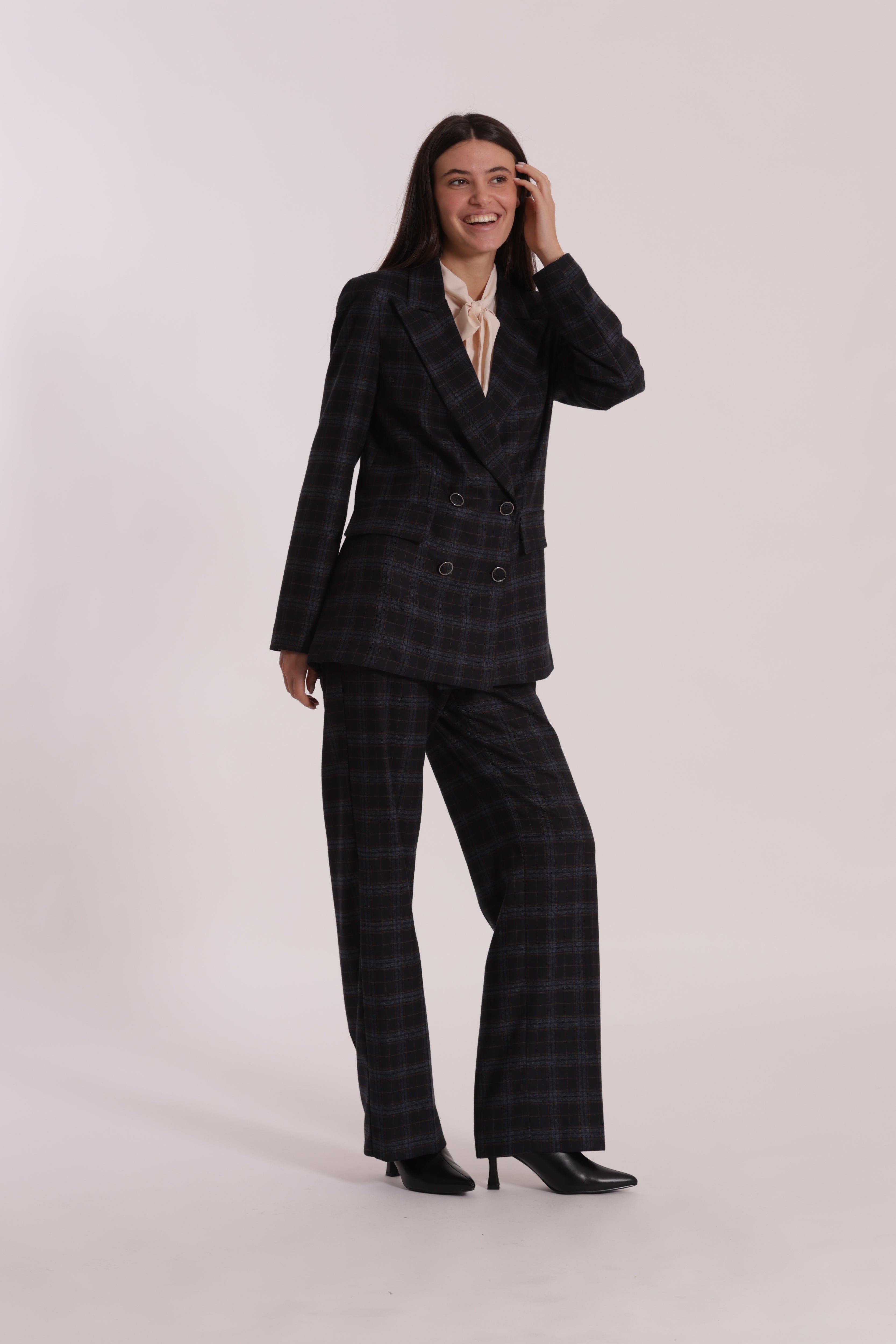 Mimi Mua Pantalone Dritto Check Blu Elasticizzato