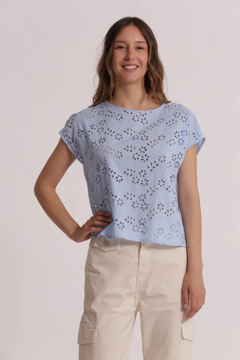 Mimi Mua Scollo Tondo Sangallo blusa bianco cotone