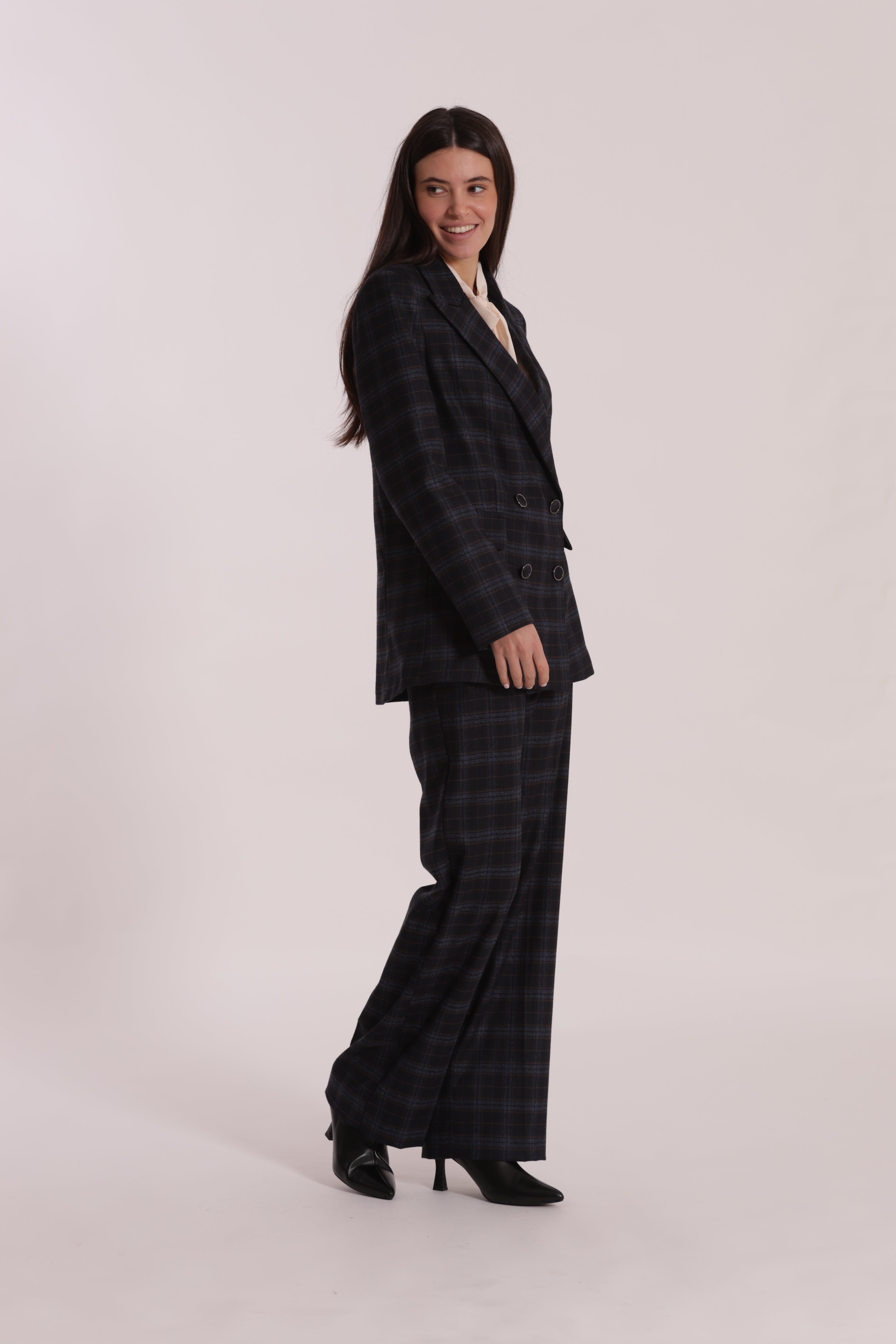 Mimi Mua Pantalone Dritto Check Blu Elasticizzato