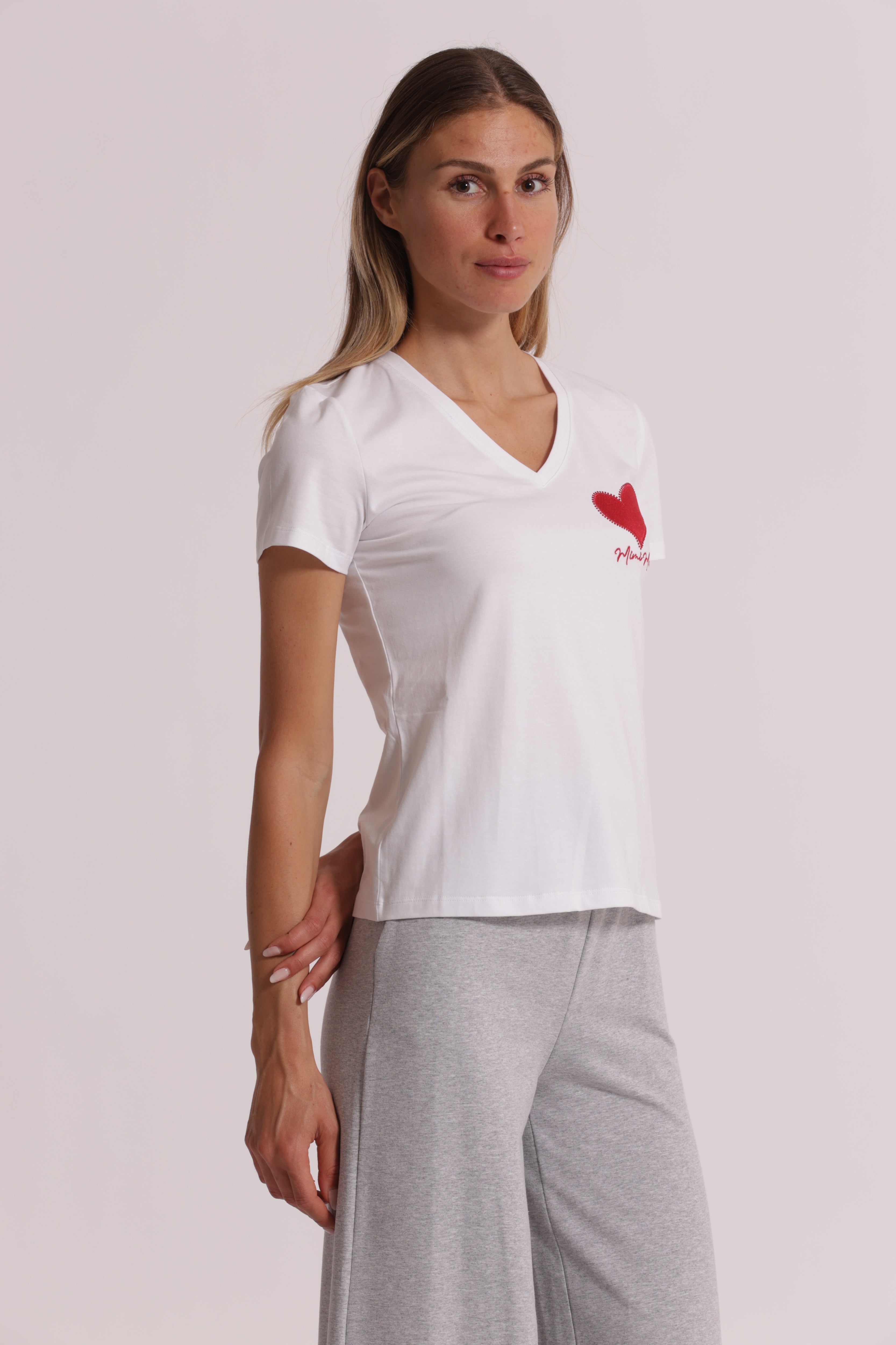 Mimi Mua t-shirt ricamo cuore bianca in cotone