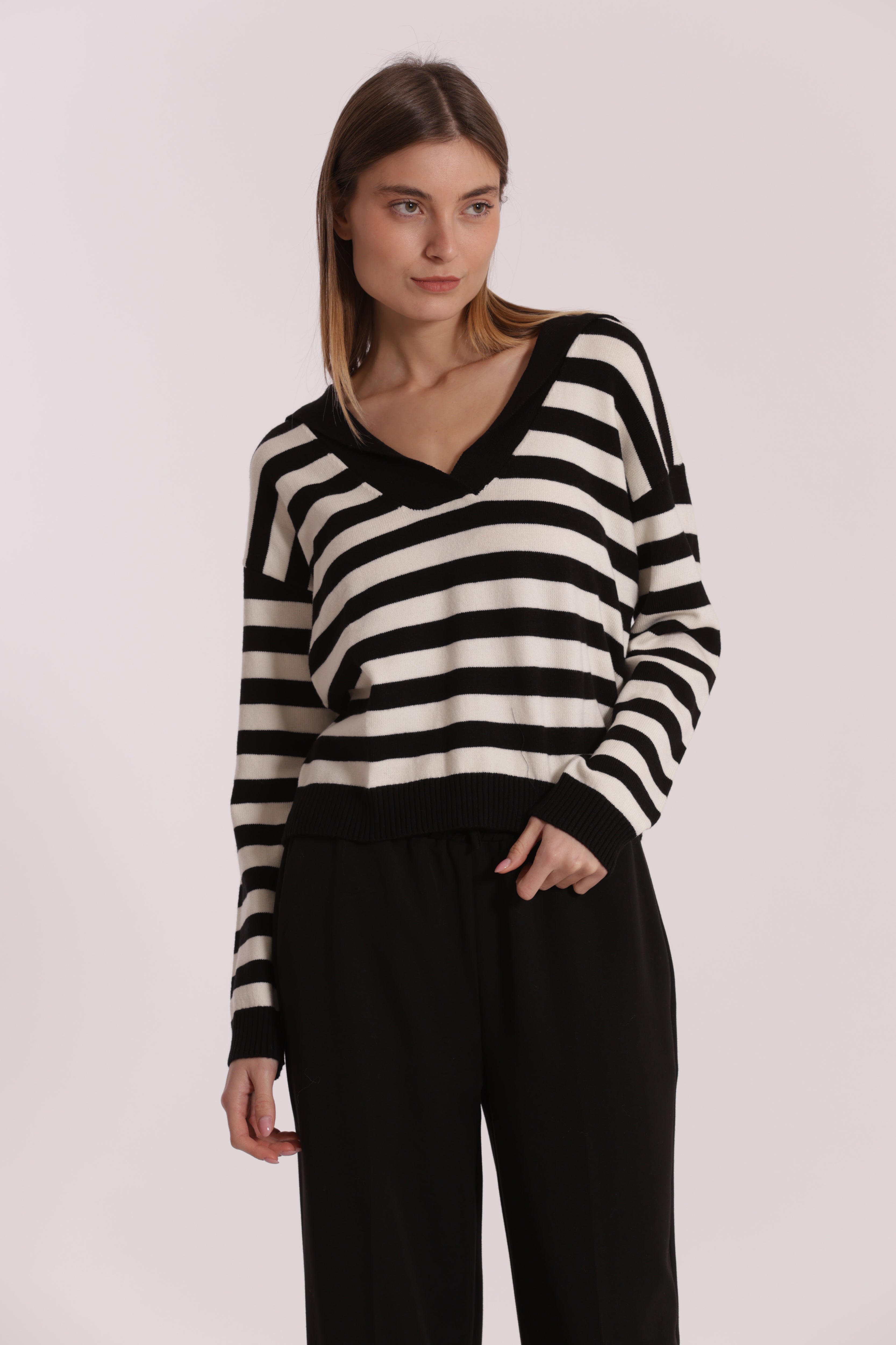 Mimi Mua maglia polo a righe nero bianco