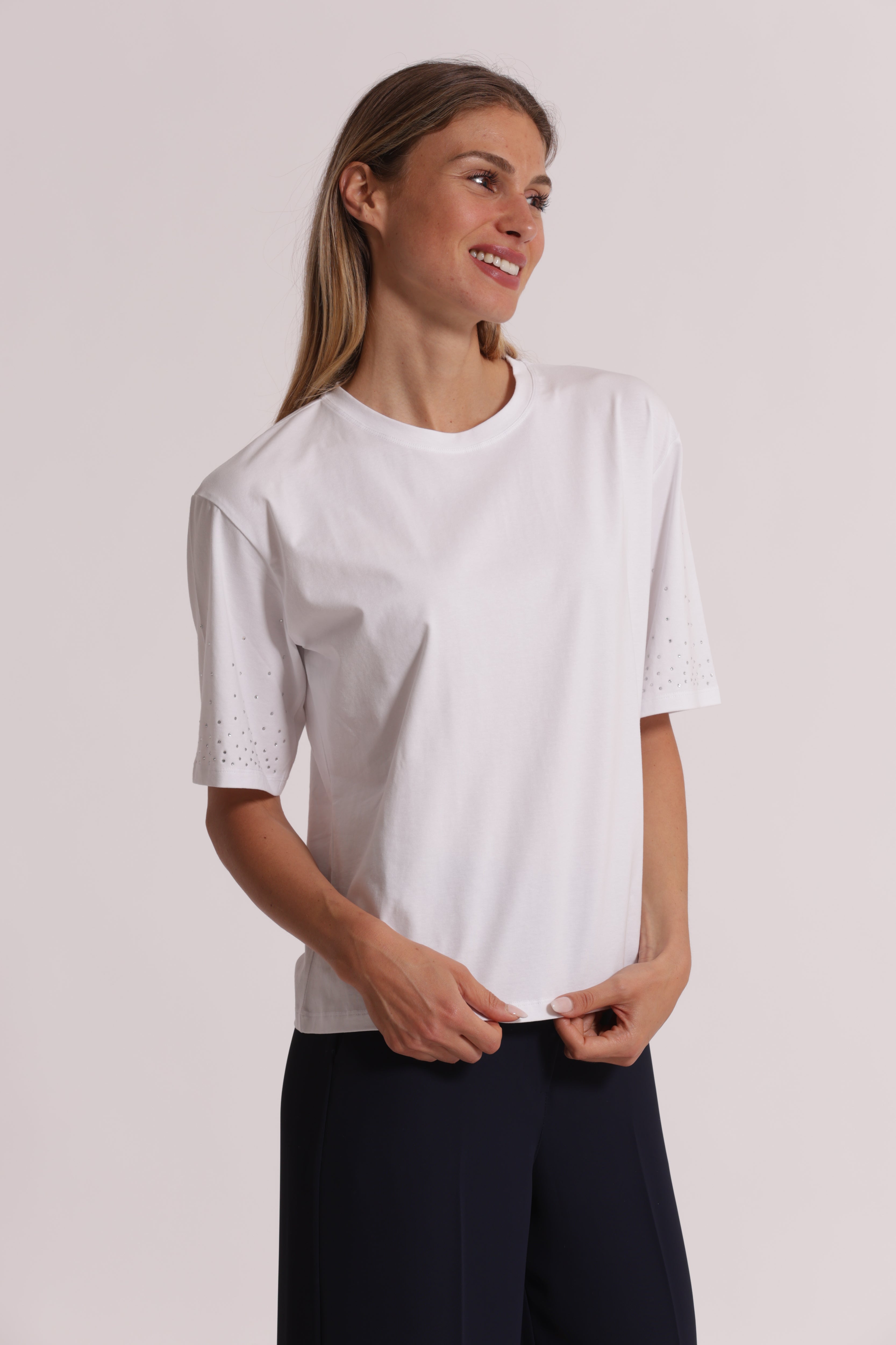 Mimi Mua t-shirt strass maniche bianco cotone