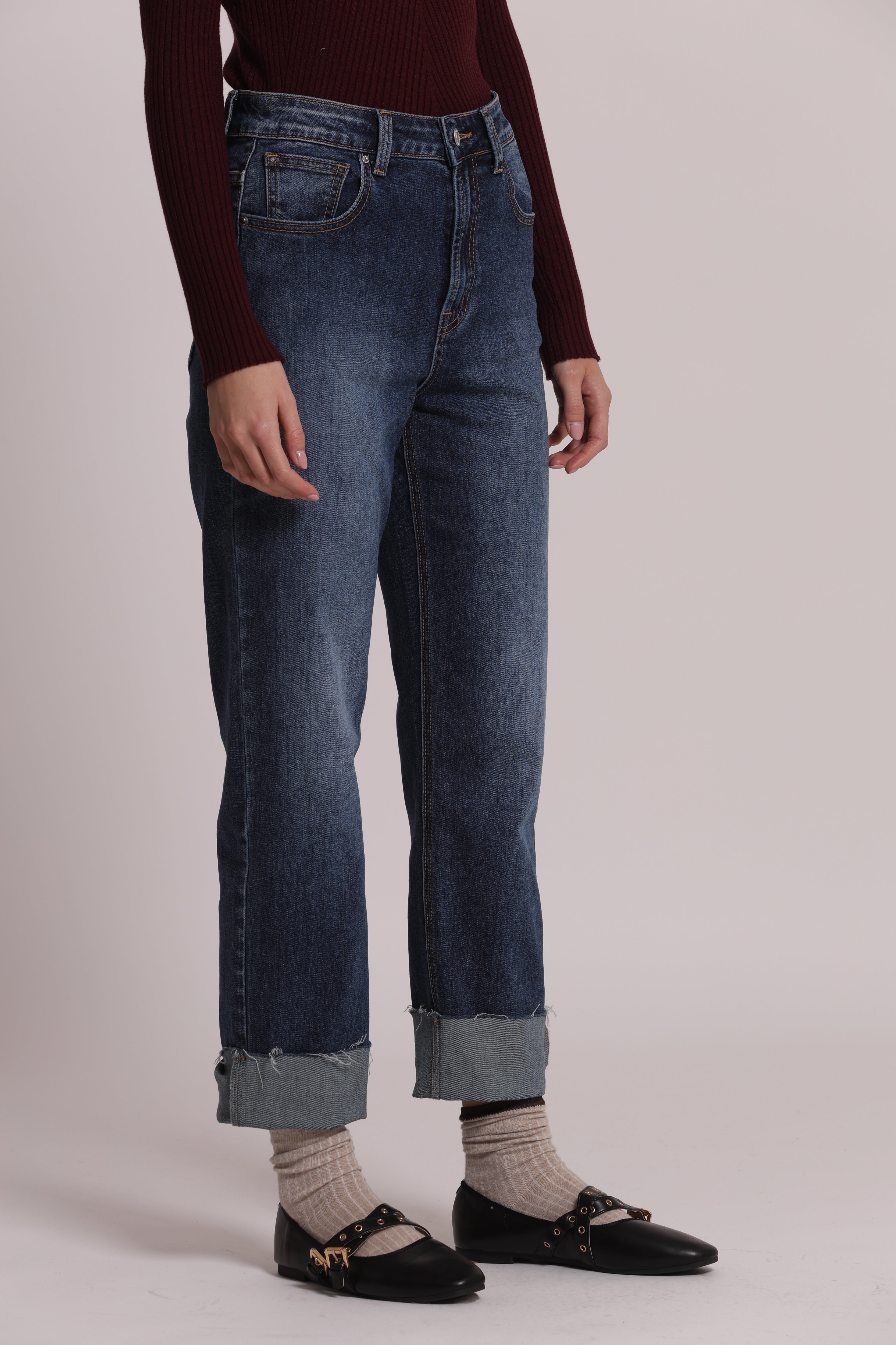 Mimi Mua Jeans Risvolto sul Fondo blu medio cotone