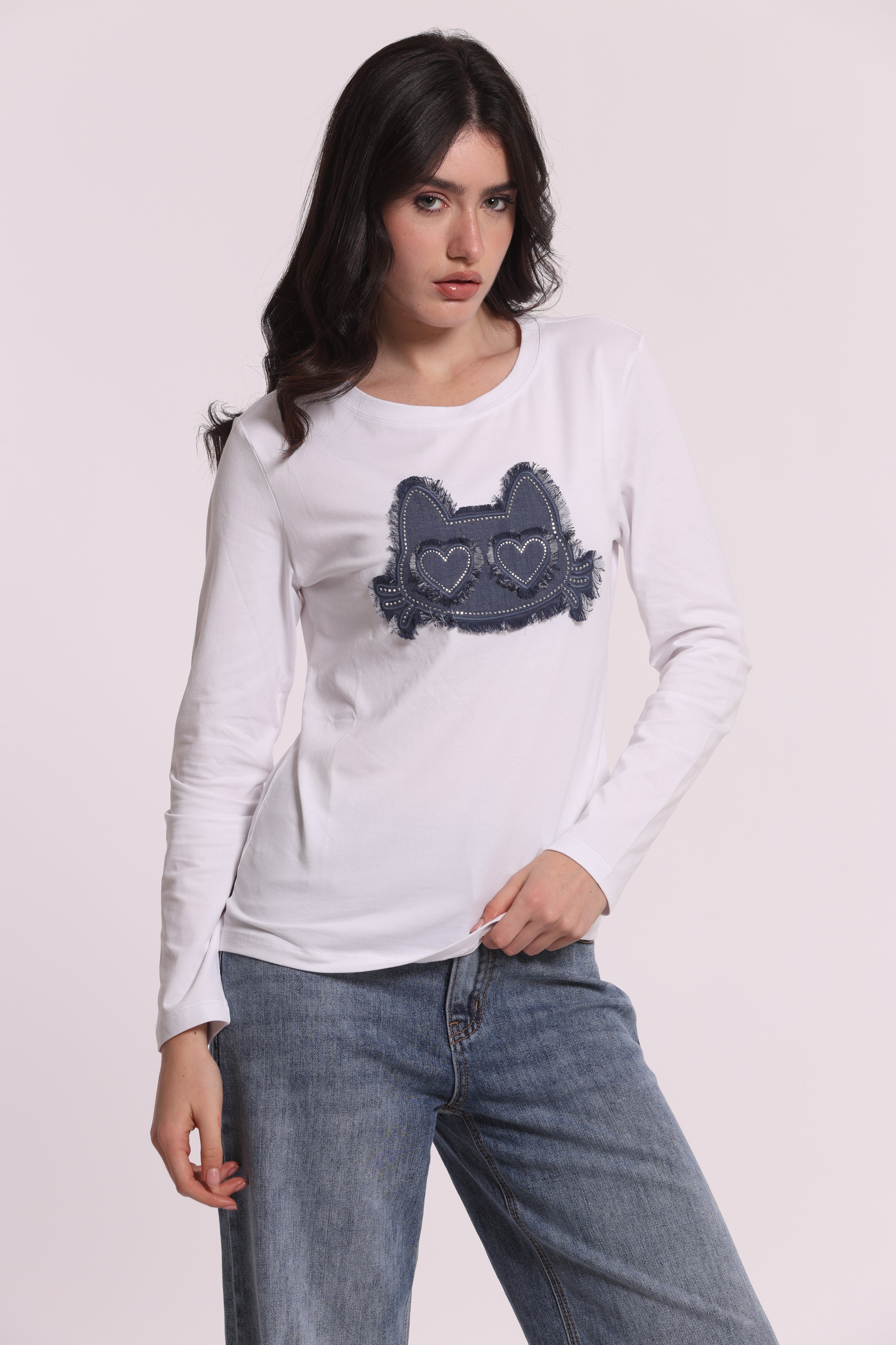 Mimi Mua T-Shirt Maniche Lunghe Gatto Denim Nera Cotone