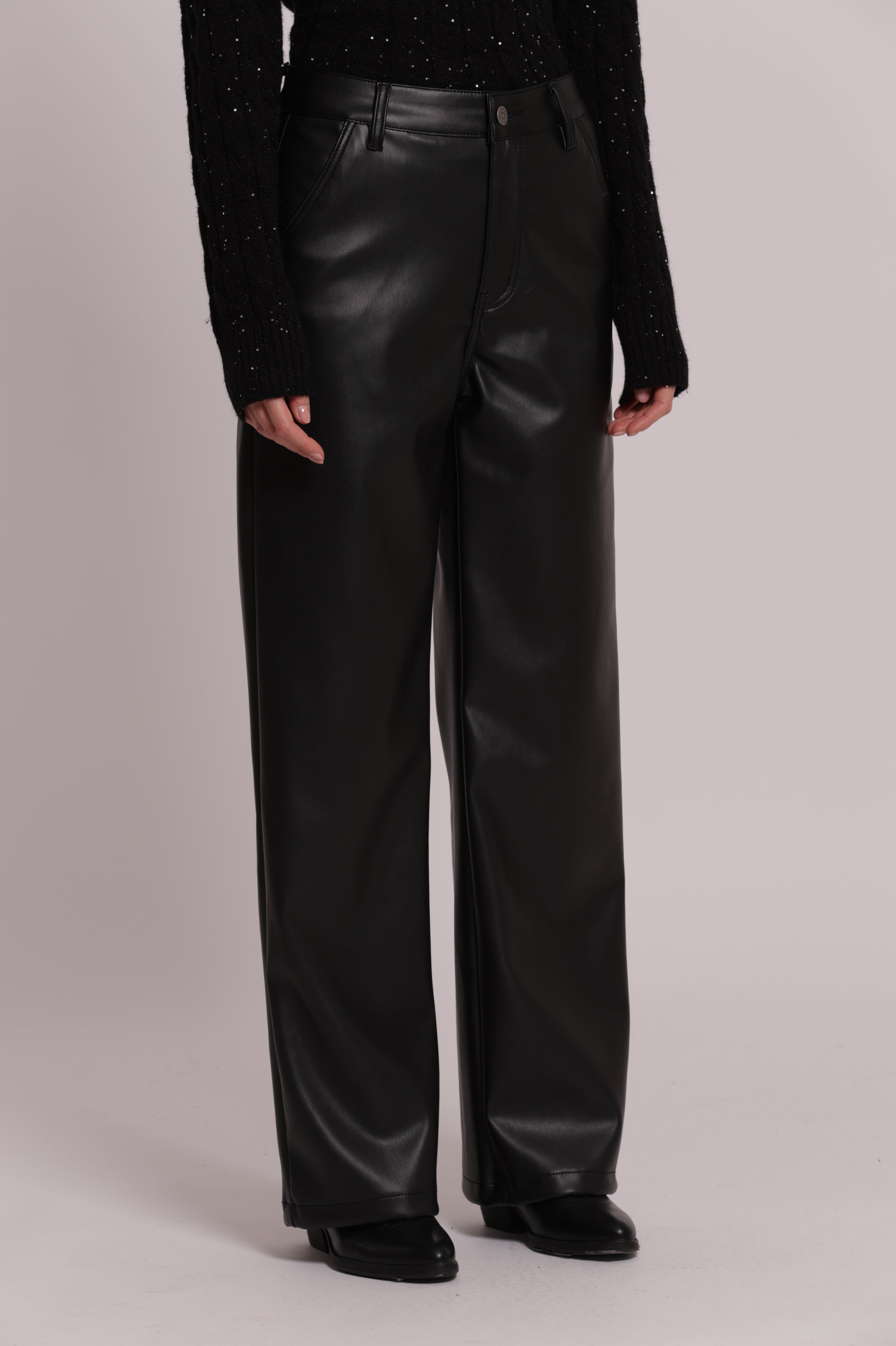 Mimi Mua Wide Leg Simil Pelle Pantaloni Nero Gamba Larga