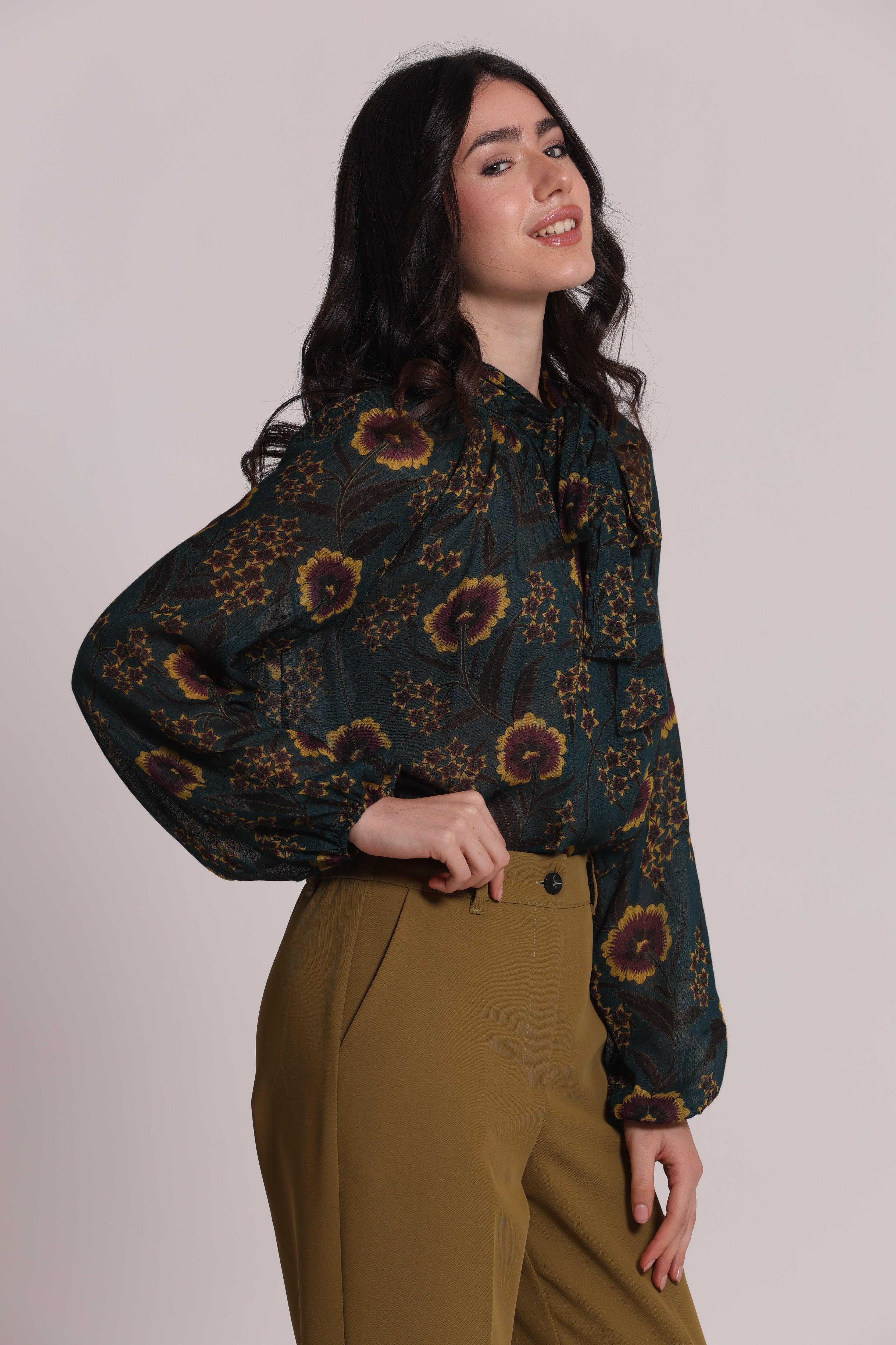 Mimi Mua Blusa Fiocco Ampio Verde Till Floreale Vintage