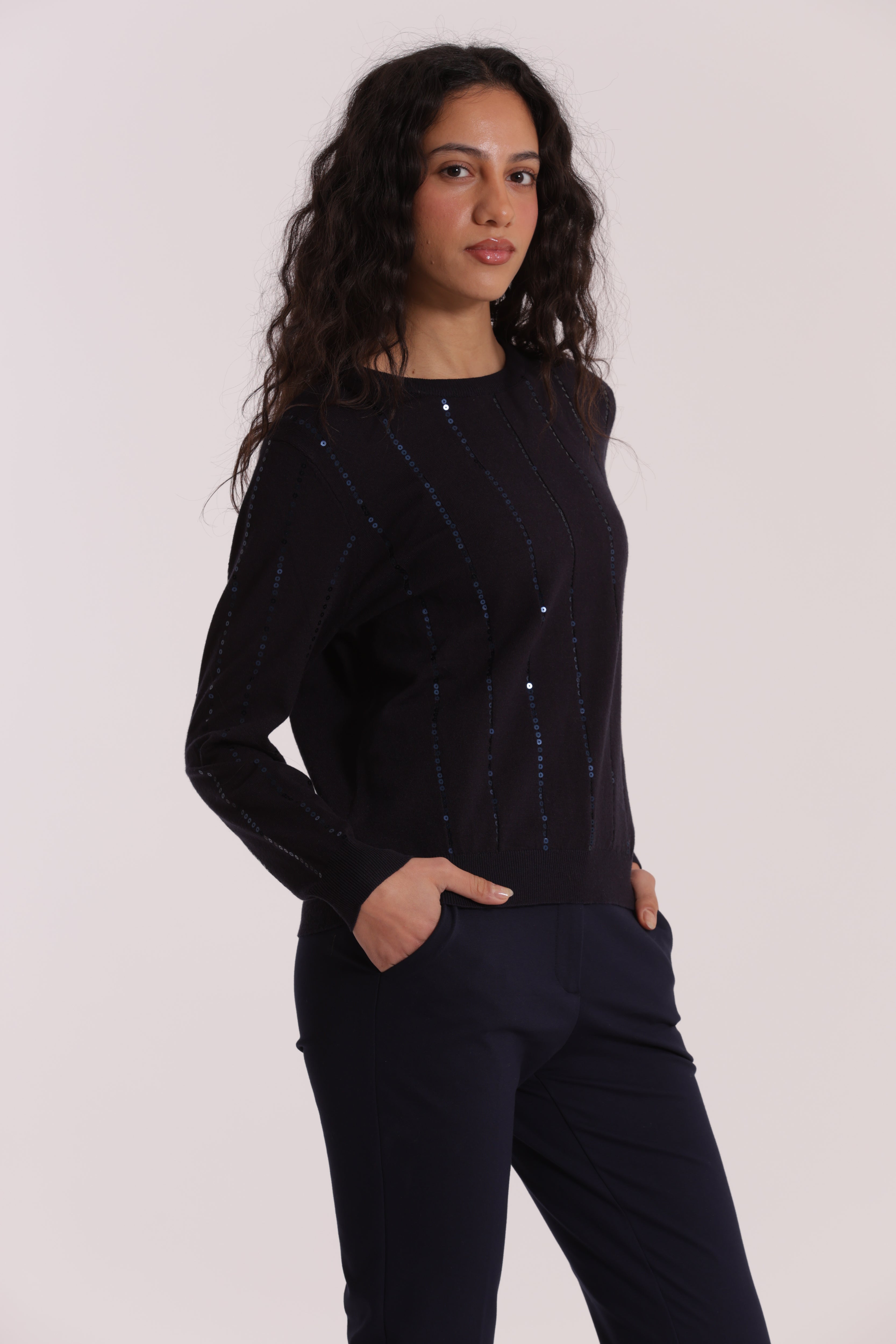 Mimi Mua Maglia Scollo Tondo Paillettes Nero