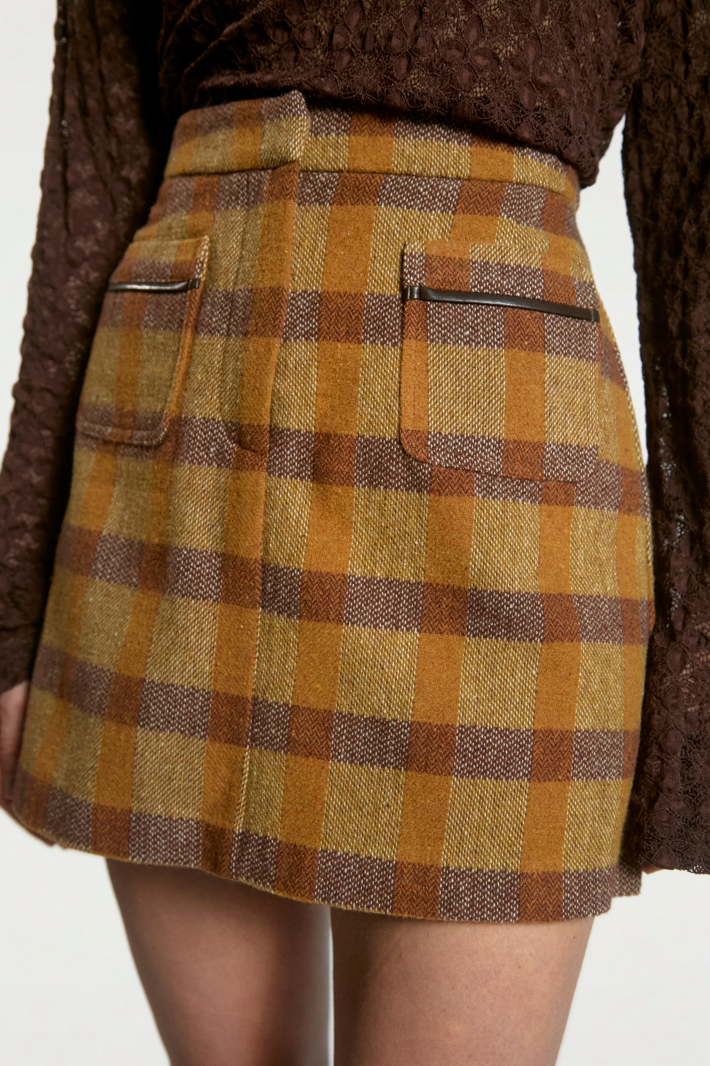 Aaiko Nasla gonna scozzese caramel tweed